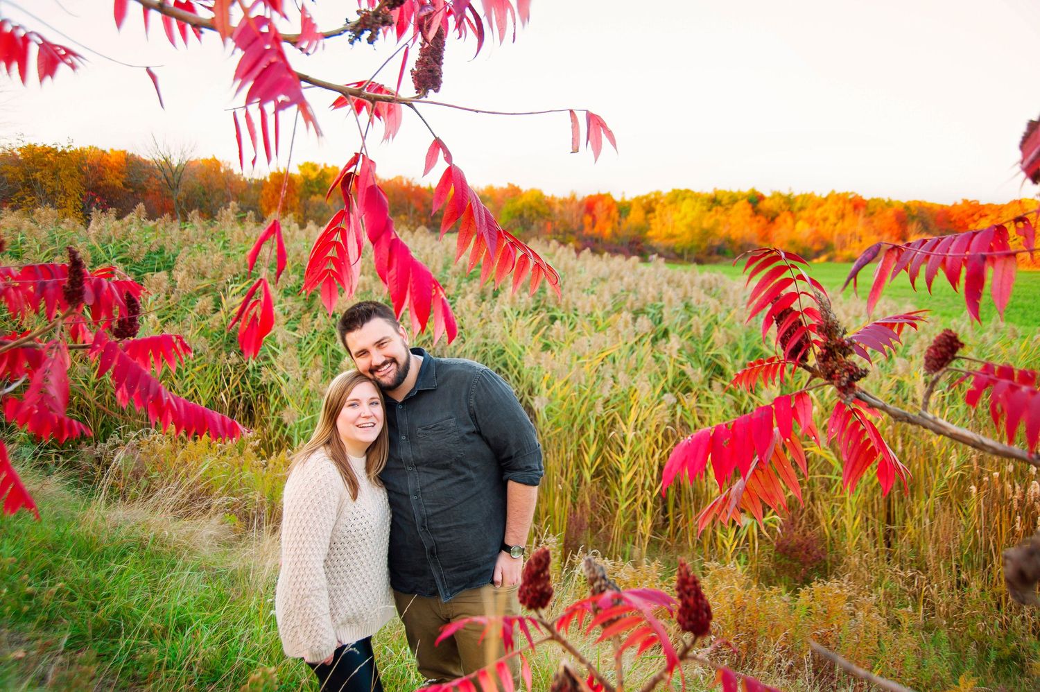 Smiling couple posing together beside vivid red sumac branches with a golden autumn field behind them.