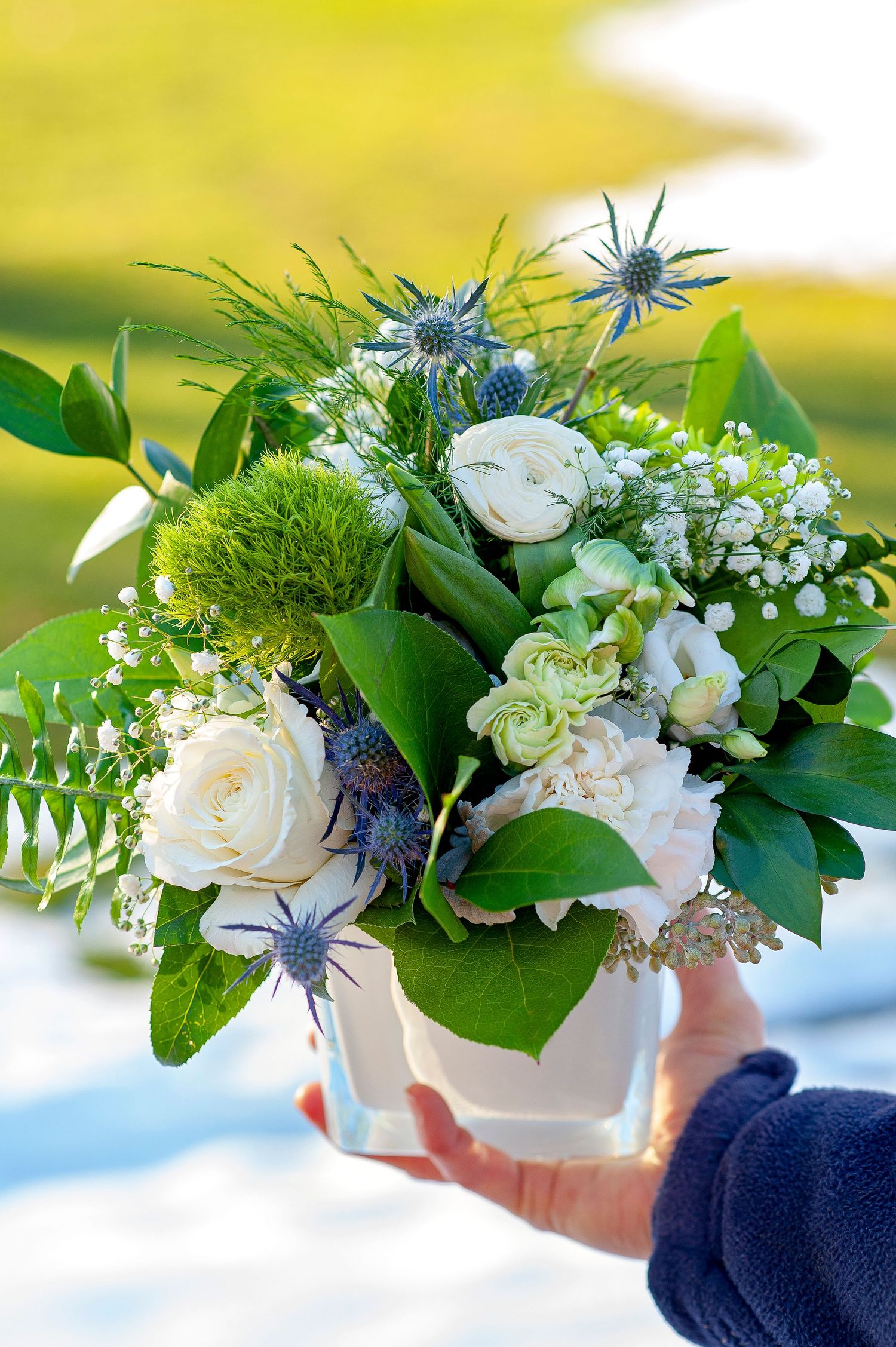 Hand holding a white floral arrangement with roses, blue thistle, and lush green foliage outdoors.