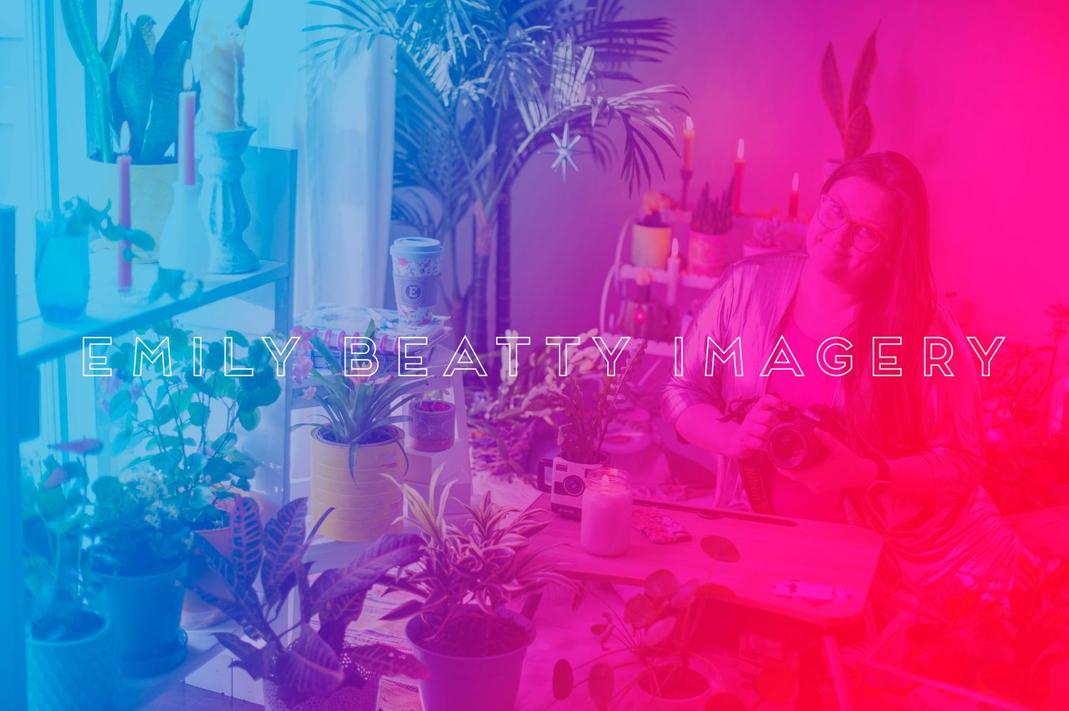Colorful pink and blue gradient overlay on a lush indoor plant shop interior with Emily Beatty Imagery watermark.