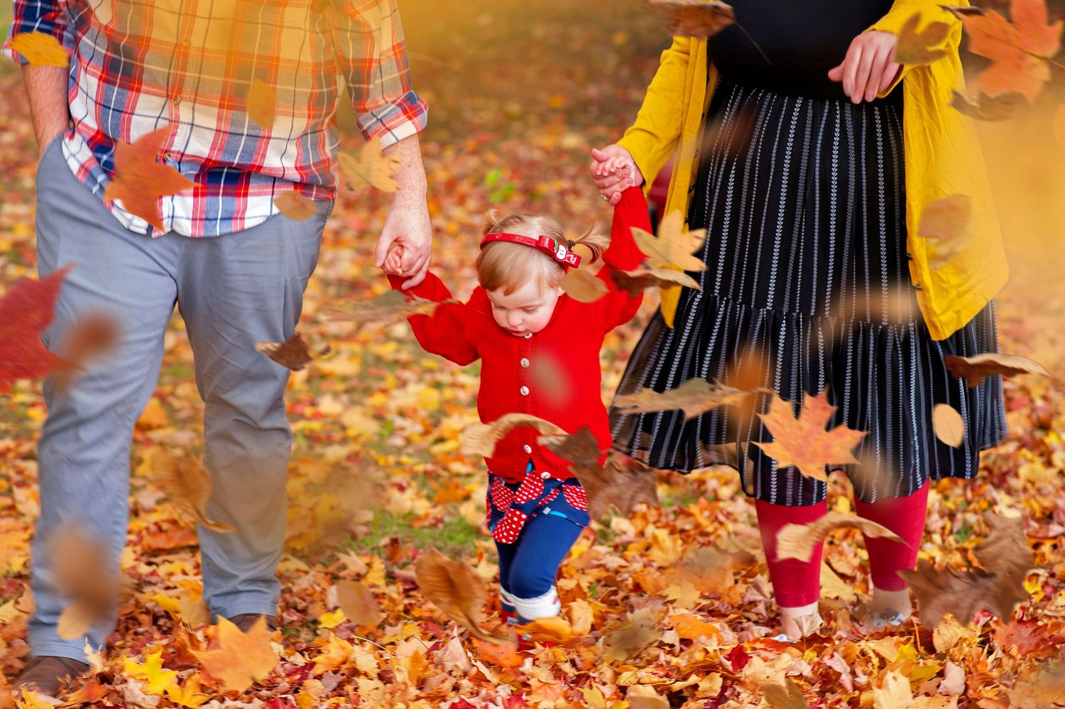 Family with toddler walking through golden autumn leaves in a fall park setting.