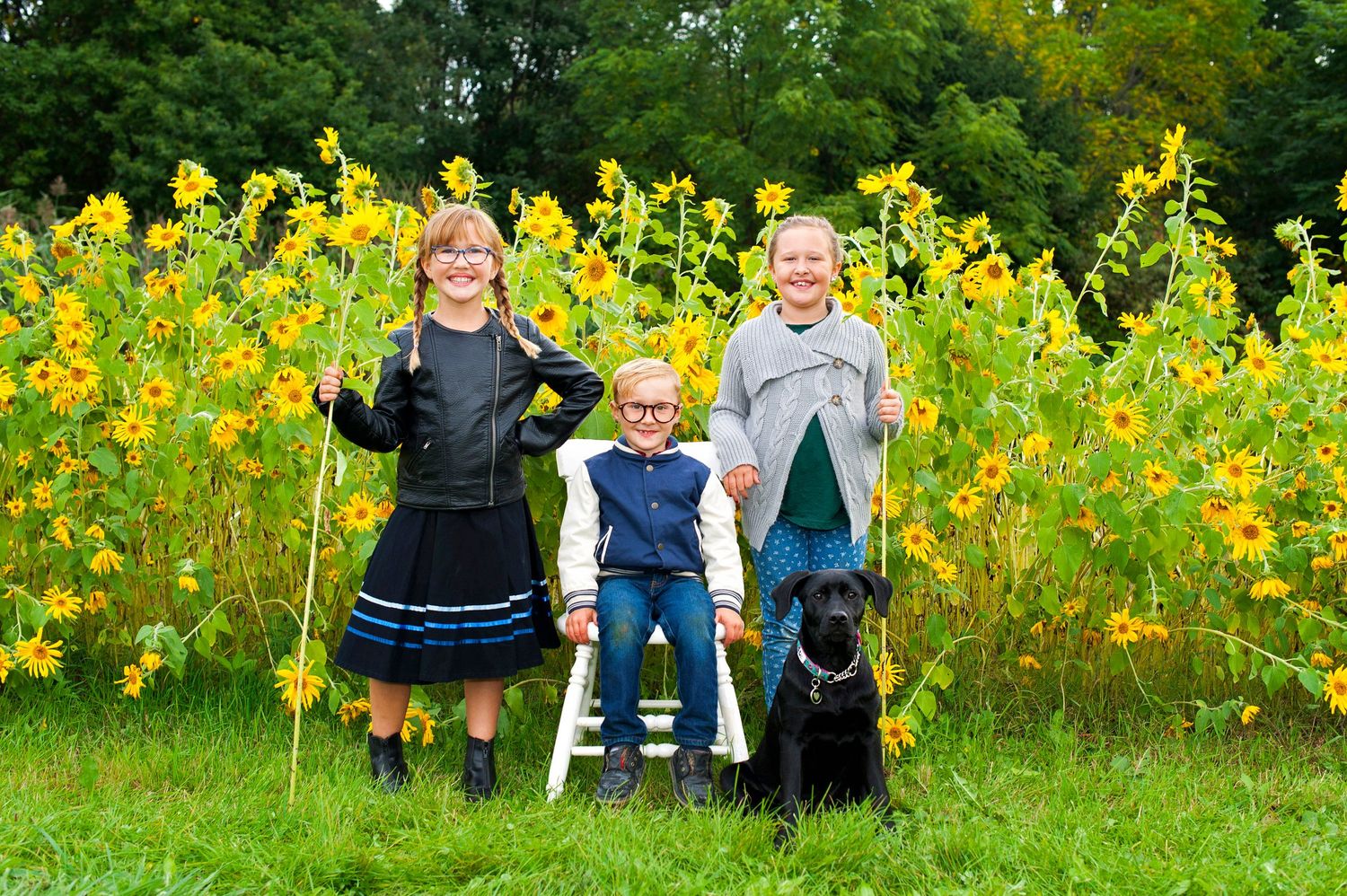 Three children and a black dog pose in front of a field of tall yellow sunflowers.