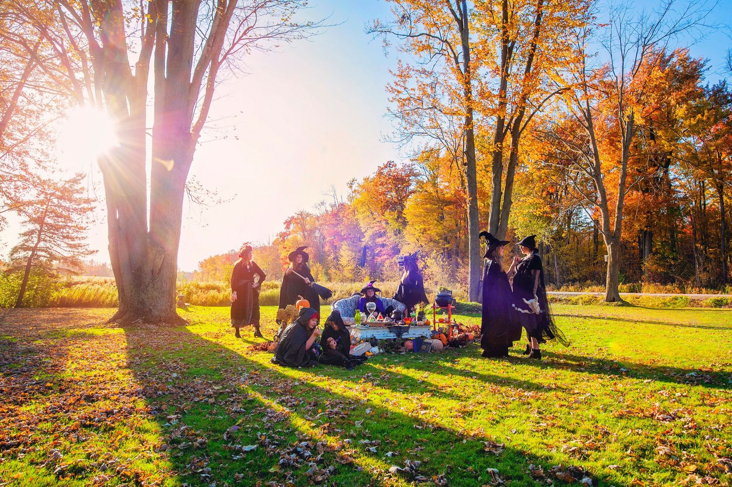 Group of people in witch costumes gathered under trees in golden autumn park.
