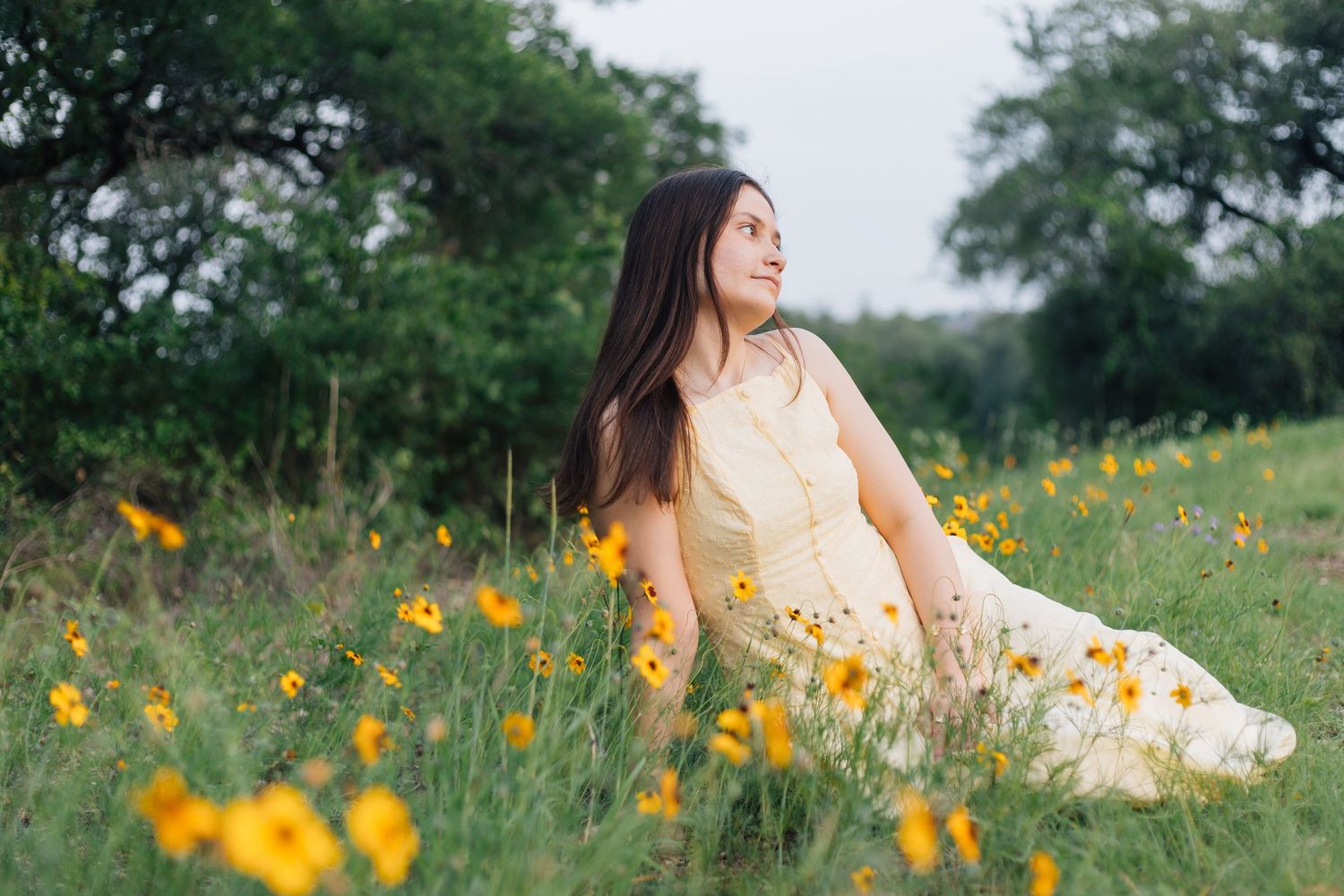 Young woman in yellow dress sitting in a wildflower meadow with yellow blooms and lush green trees. Senior Portraits Round Rock TX