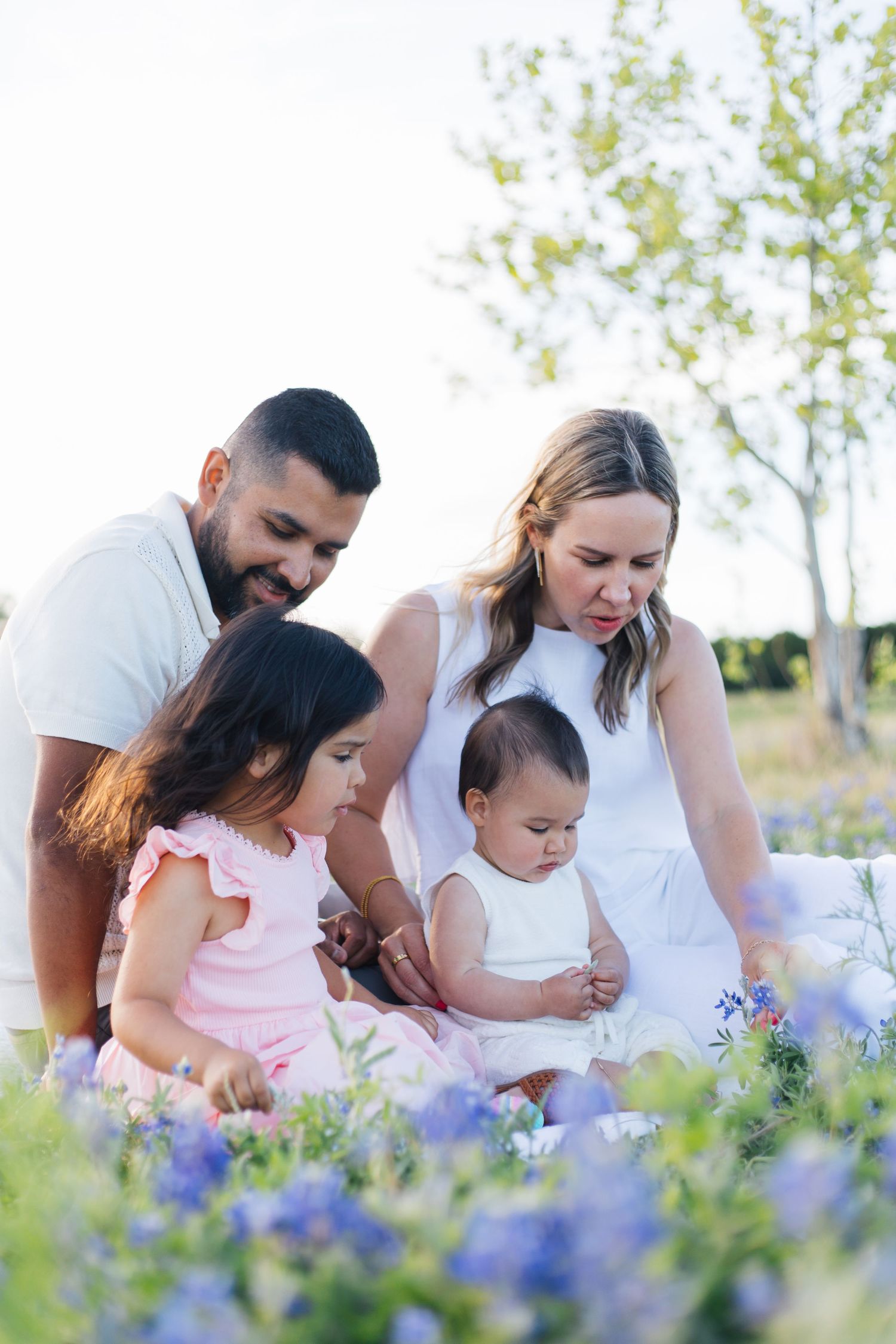 Family of four enjoying a sunny outdoor photo session among purple wildflowers, with parents lovingly watching their two young children.