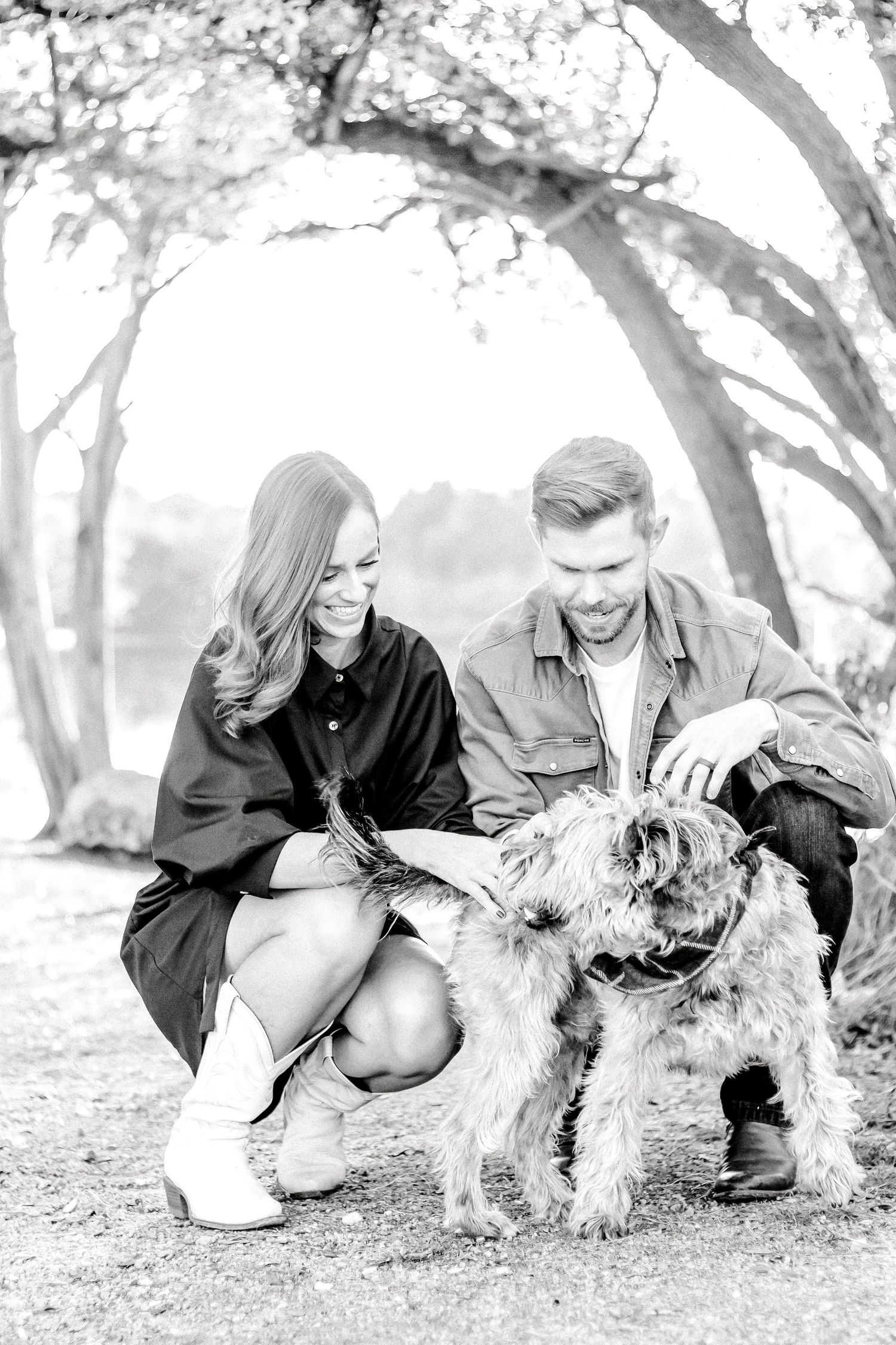 Black and white photo series showing people interacting with a small furry dog outdoors.