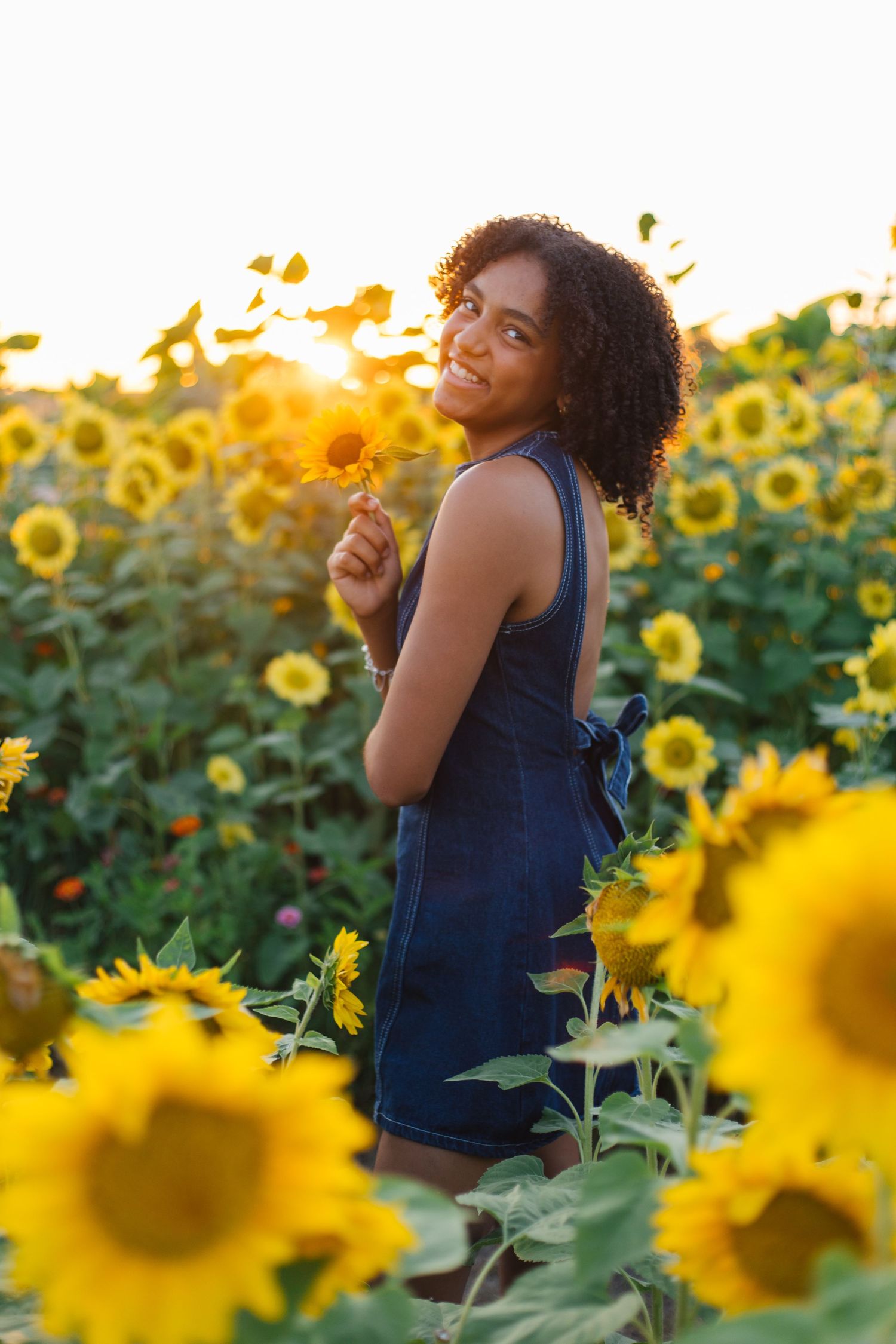 Smiling young woman in denim dress holding a sunflower in a vibrant sunflower field at golden sunset.