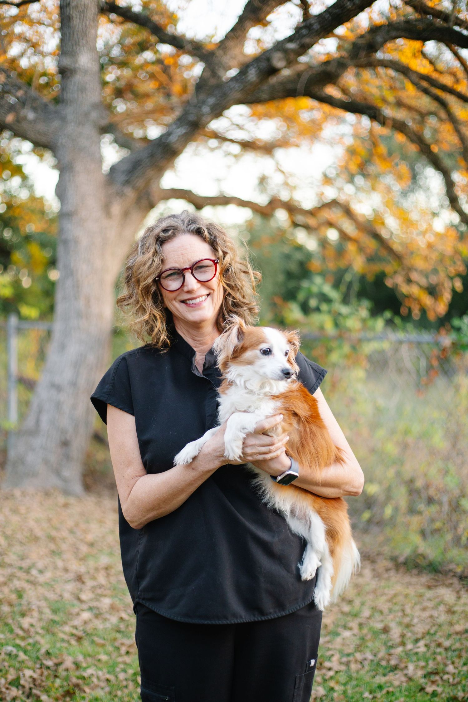 A veterinary staff member holds a brown and white dog while standing under autumn trees.