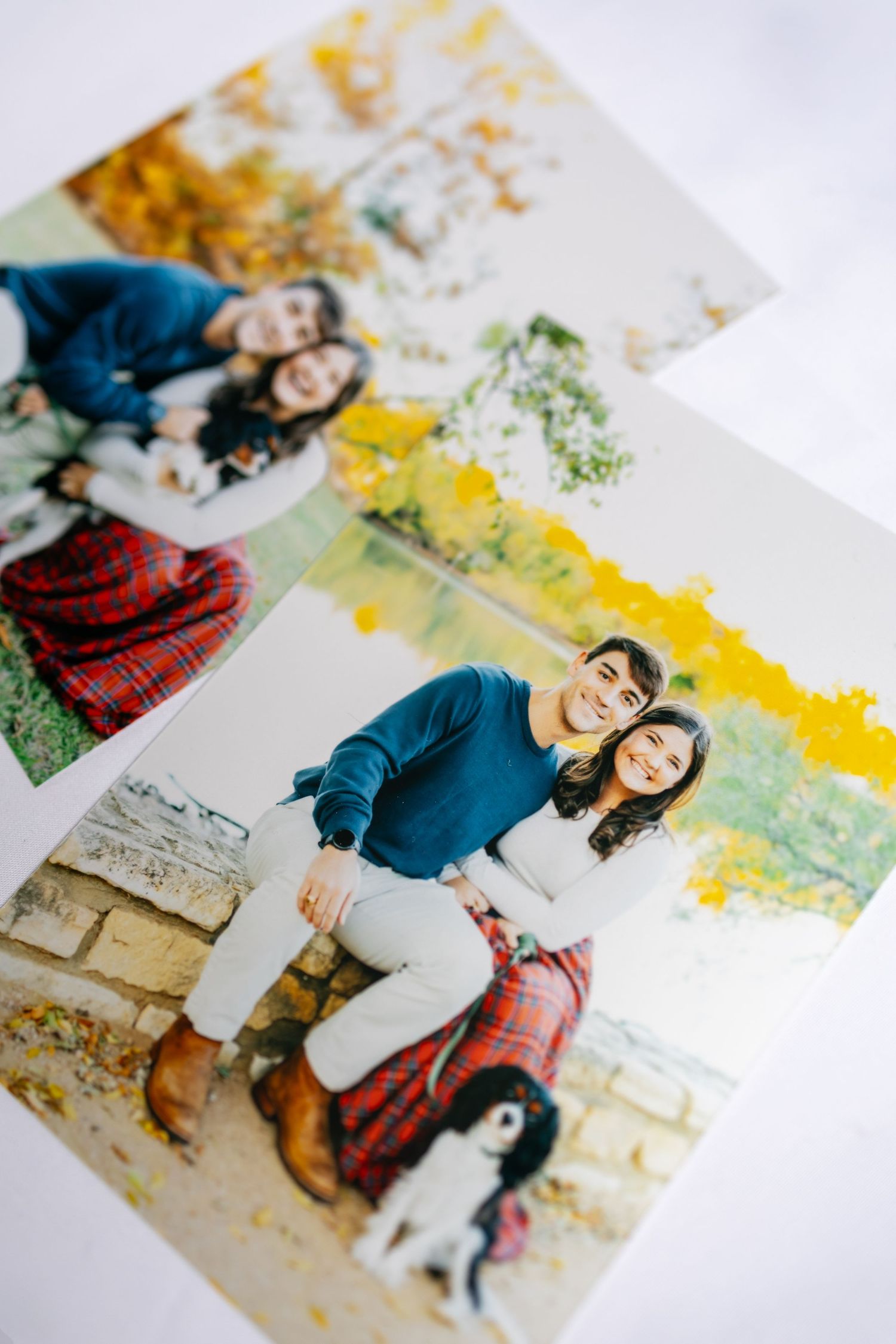 Family portrait prints arranged artistically with yellow watercolor elements on white background.