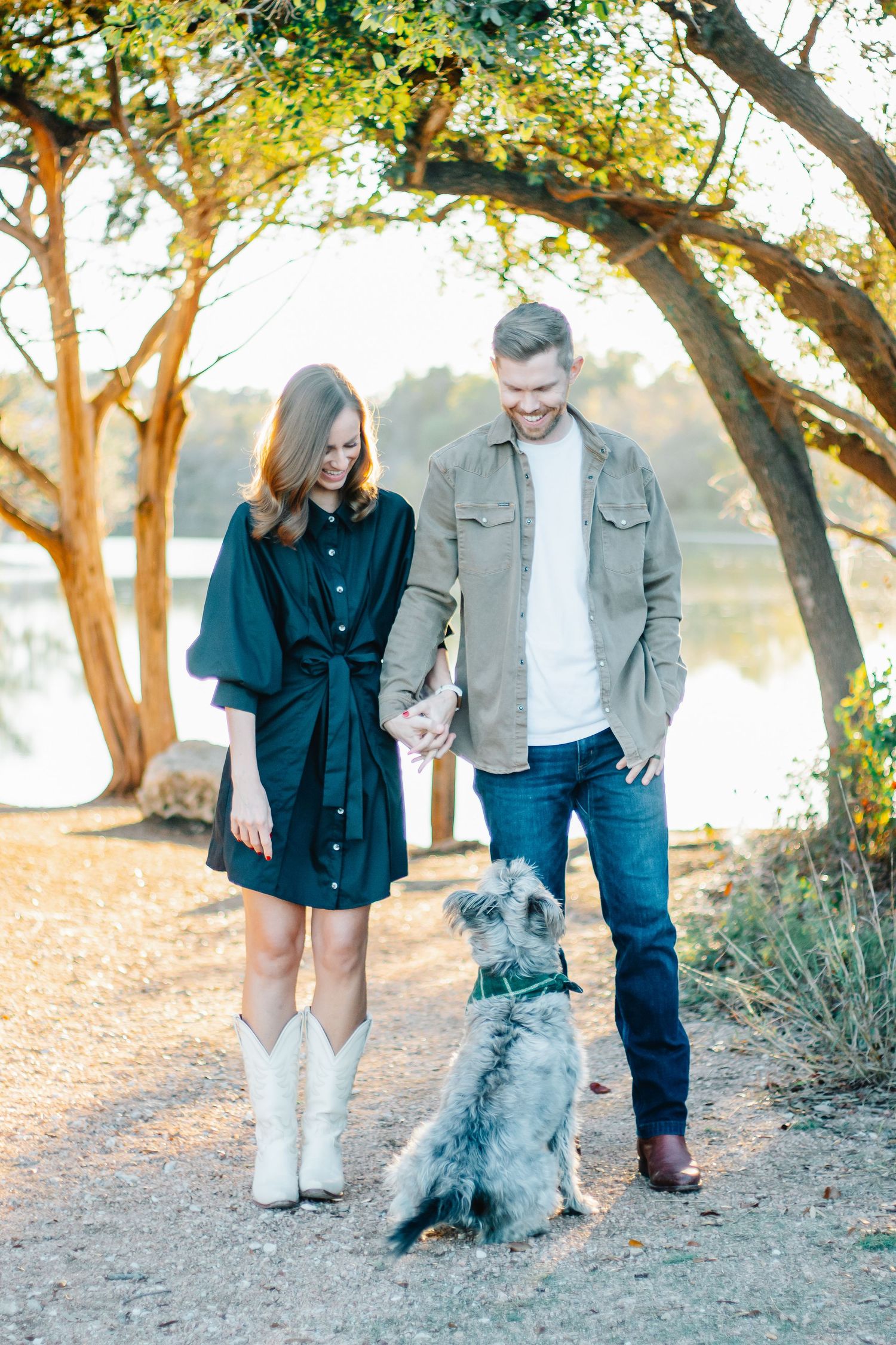 Outdoor photo sequence with couple and small dog walking along tree-lined path at sunset.