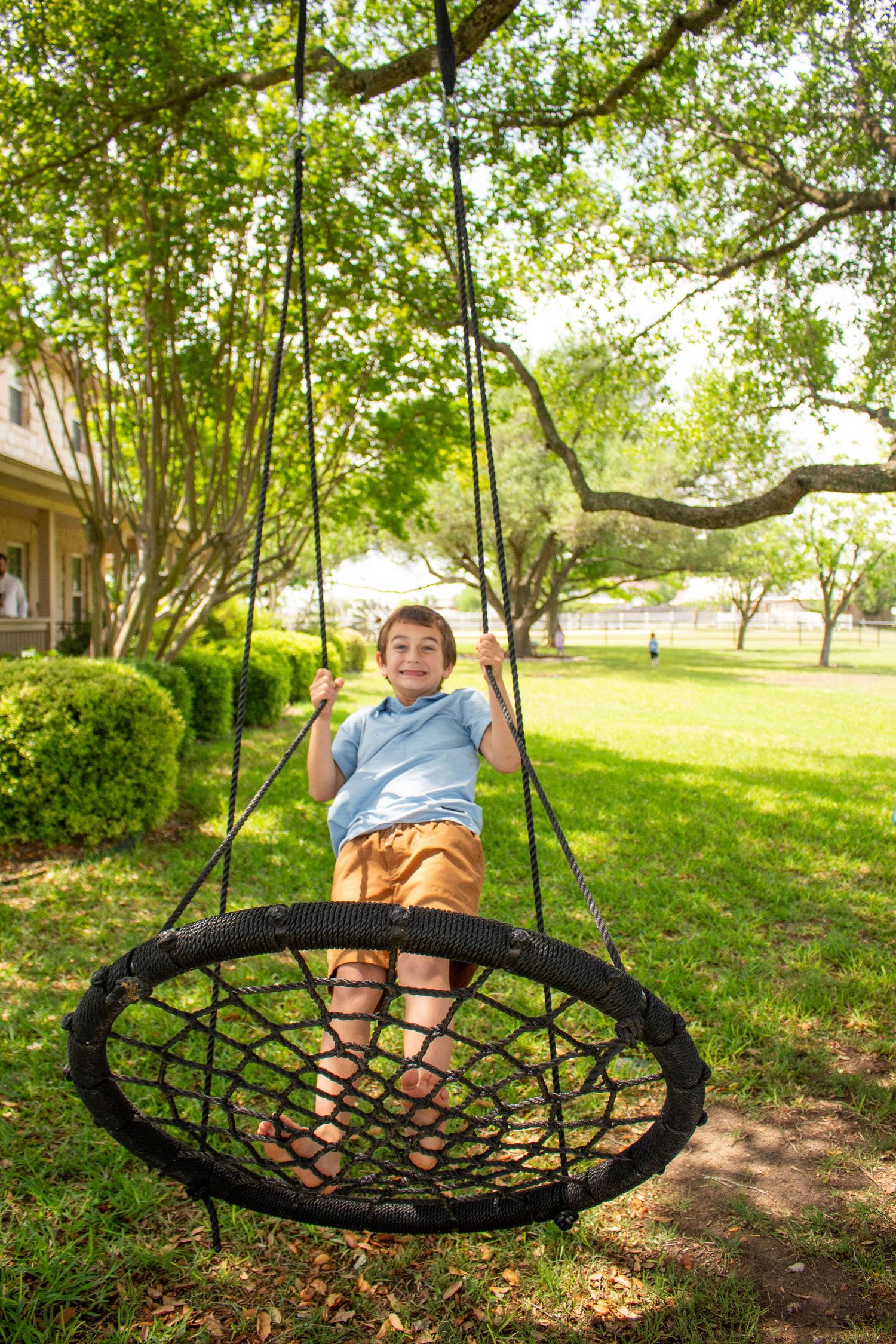Sequence of photos showing child playing on round tree swing in shaded backyard.