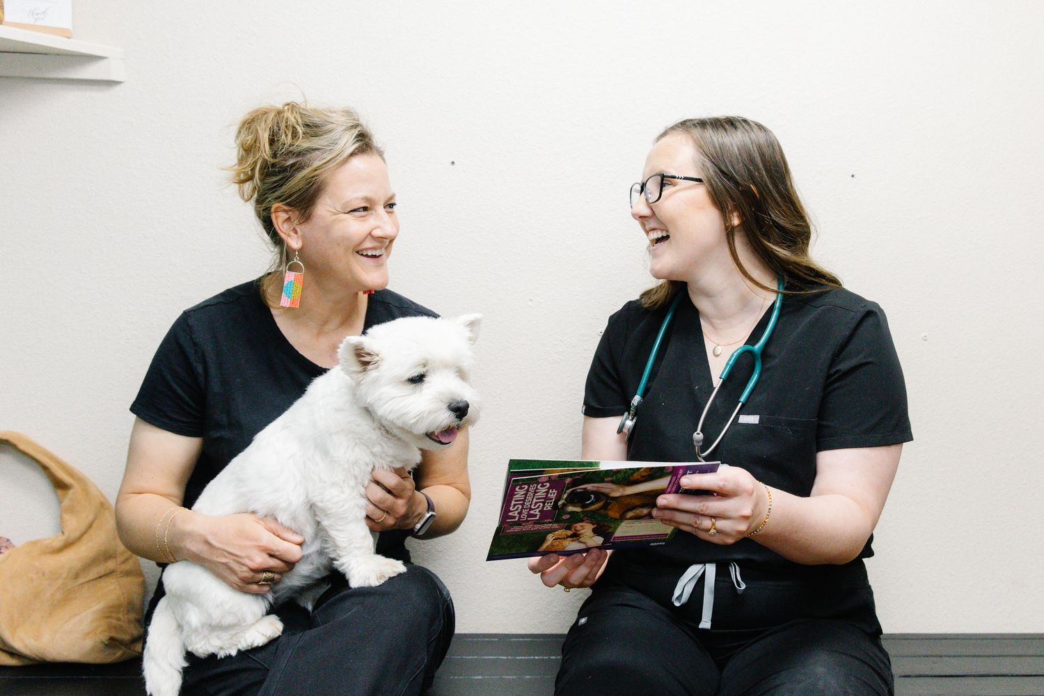 A woman holding a white fluffy dog smiles with a veterinary nurse reviewing a brochure in a clinic.