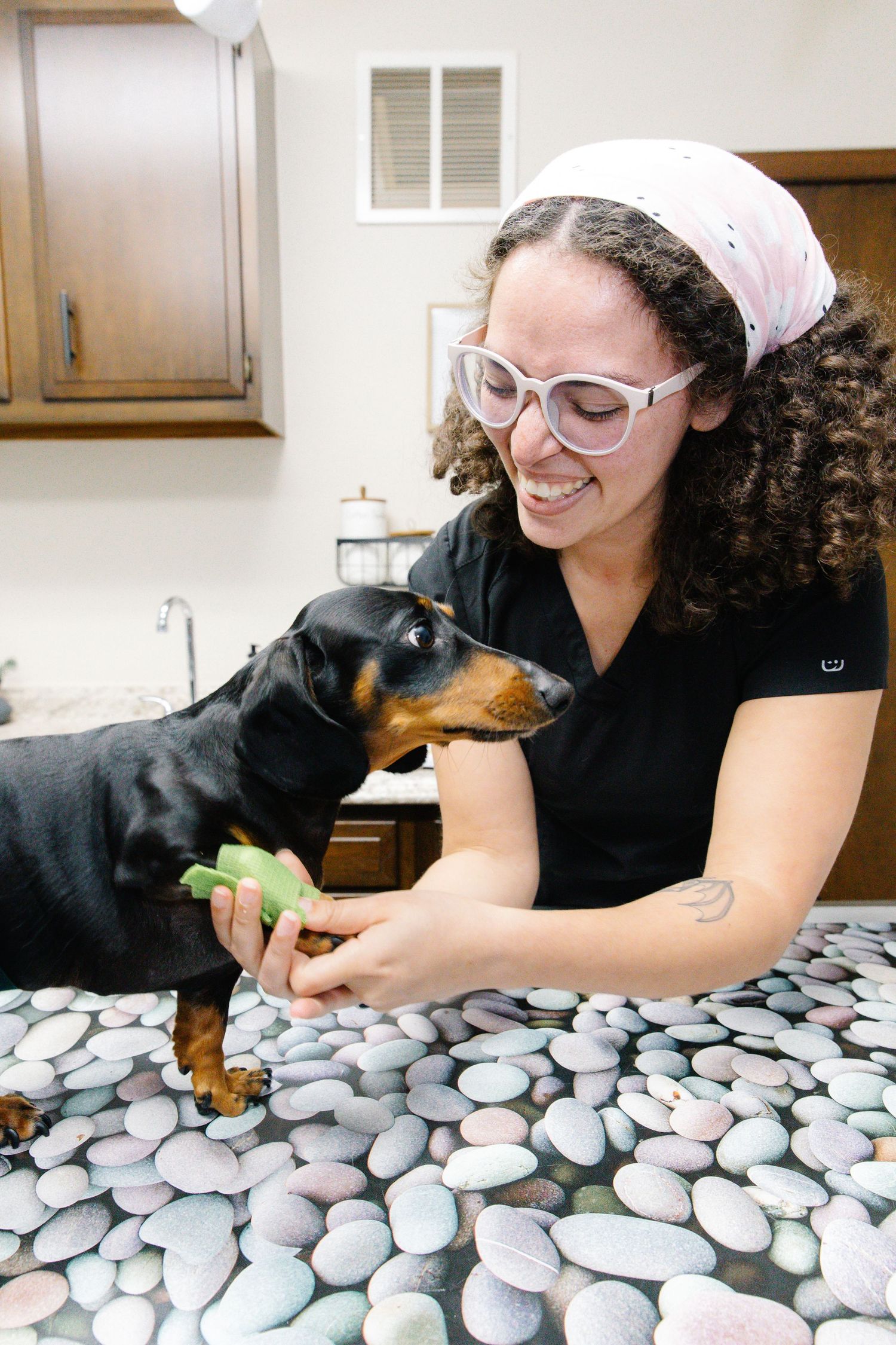 Smiling woman with curly hair and glasses feeds a treat to a black and tan Dachshund on a stone-patterned counter.