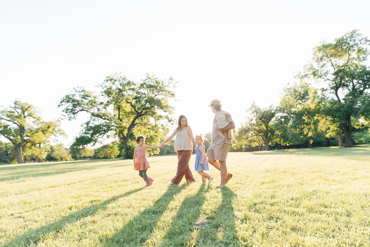 Family of four walking hand-in-hand across a sunny green park with trees in golden afternoon light.