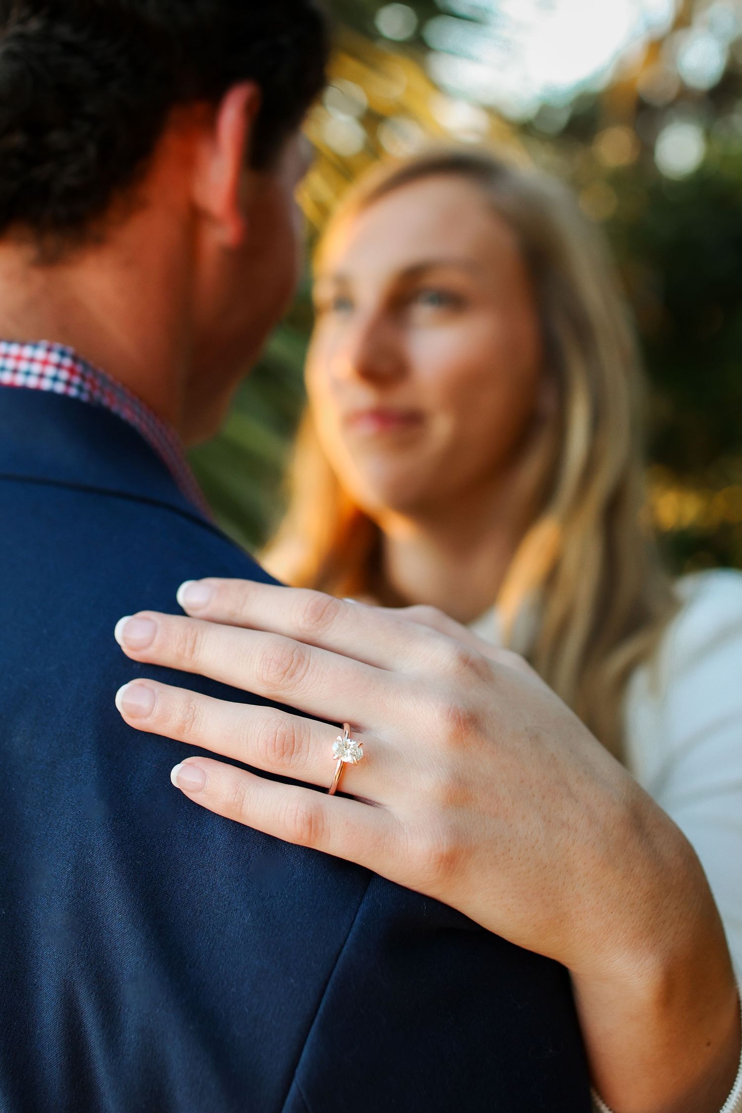 Close-up engagement ring during engagement photography session in Bluffton, South Carolina