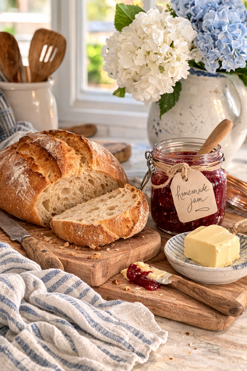 Homemade bread and jam on the kitchen counter at the Honey House on Hilton Head Island