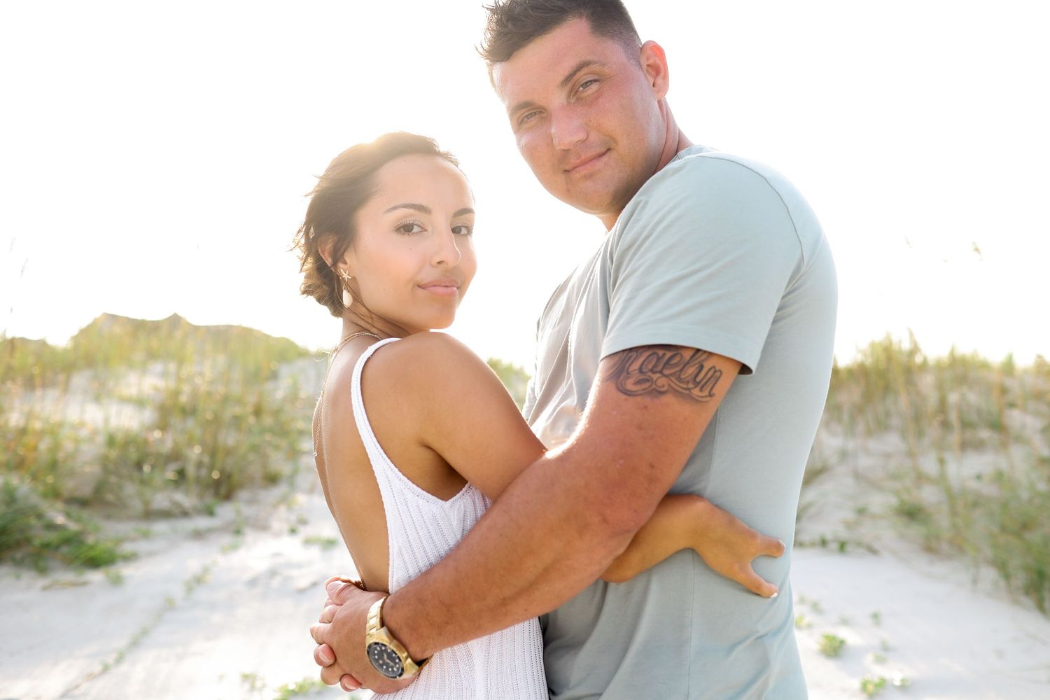 Engagement photos at Singleton Beach on Hilton Head Island, couple posing after surprise proposal by Hilton Head engagement photographer