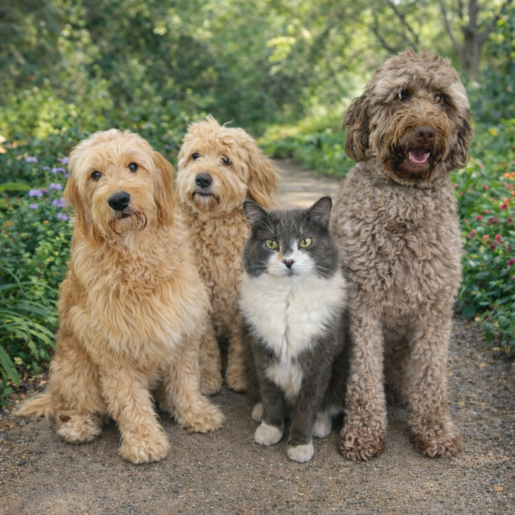 Three goldendoodles and a longhair cat relaxing together in a garden at the Honey House