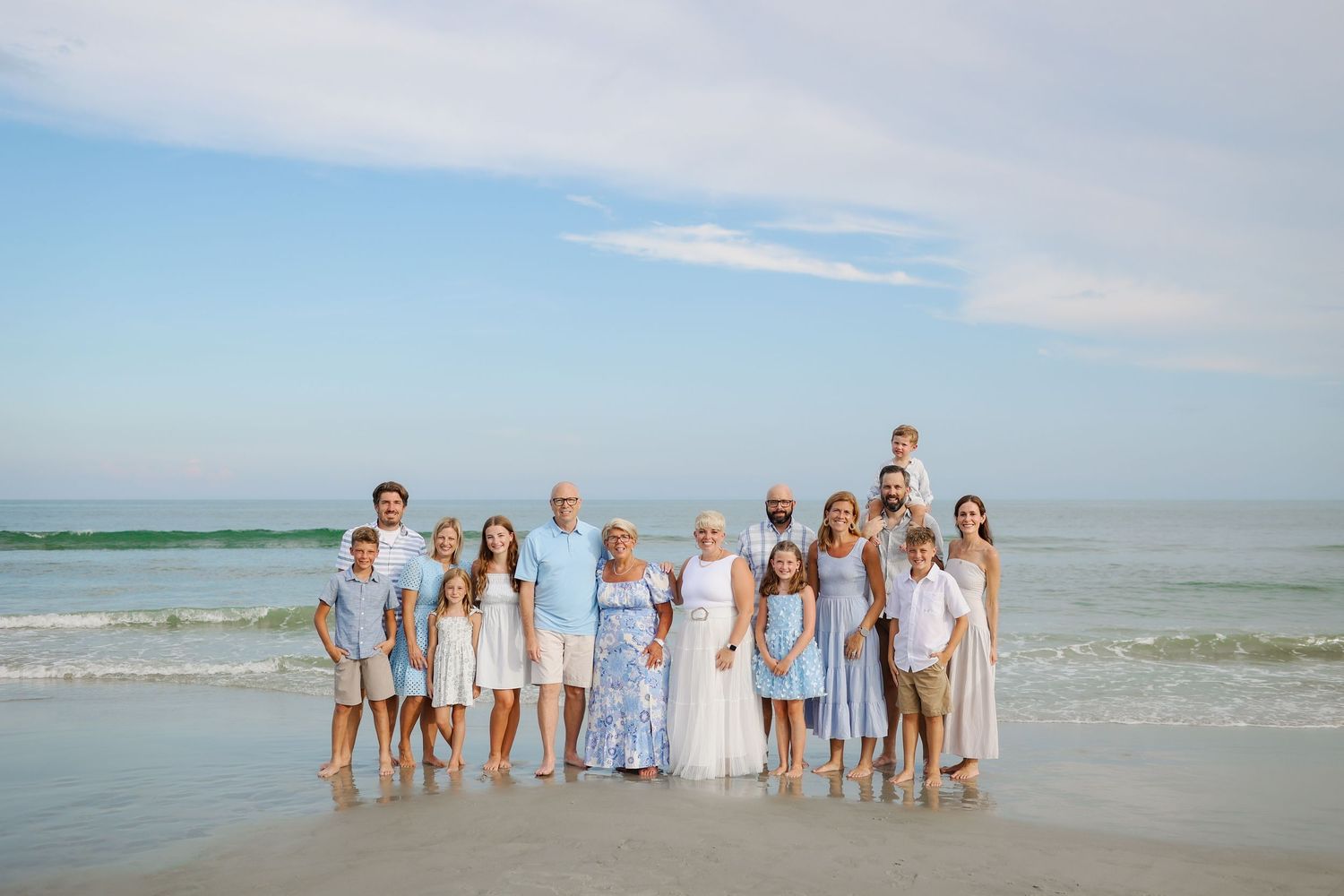 Large family reunion photos on Hilton Head Island at South Forest Beach near Coligny, extended family smiling at sunset