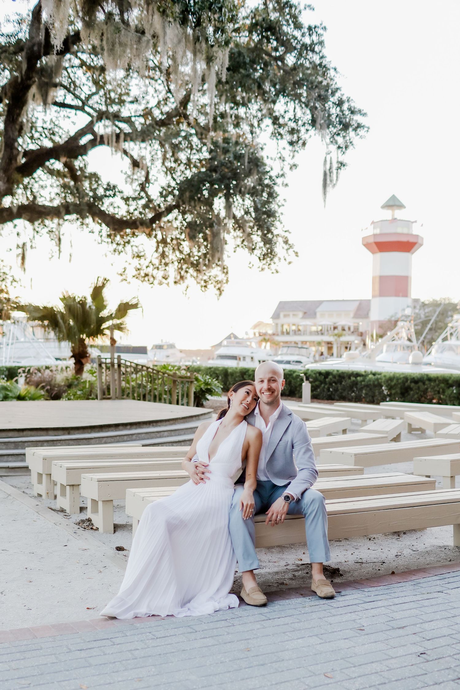 Wedding day portraits of a couple in Harbour Town, Sea Pines on Hilton Head Island