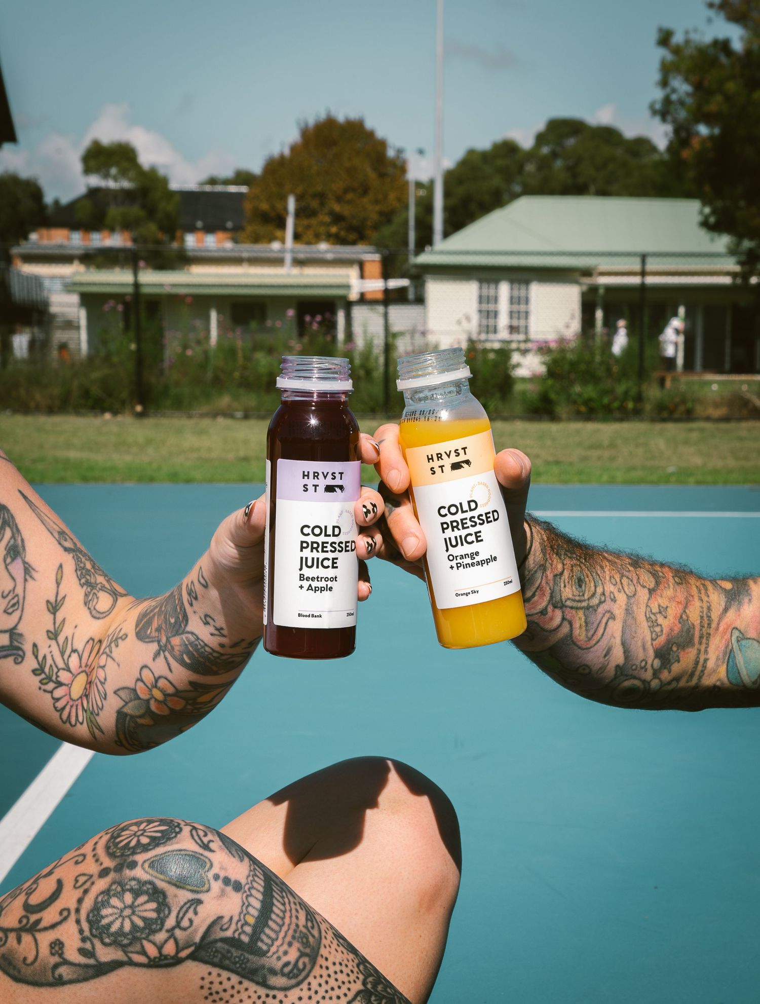 Two tattooed arms toasting with HRVST ST Cold Pressed Juice bottles on a teal tennis court.