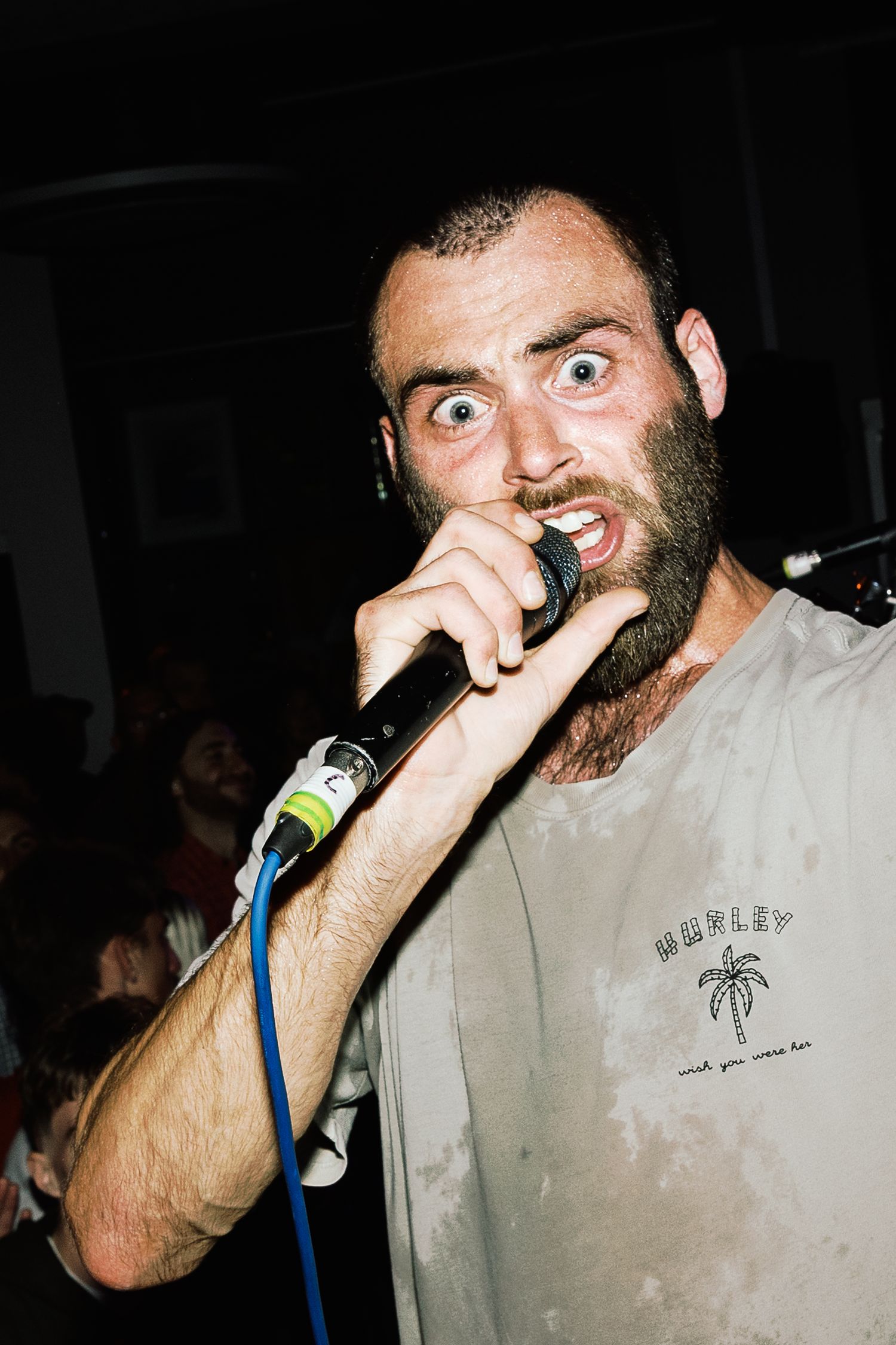 Bearded male vocalist performing intensely on stage, gripping microphone close to mouth with wide eyes under dim concert lighting.