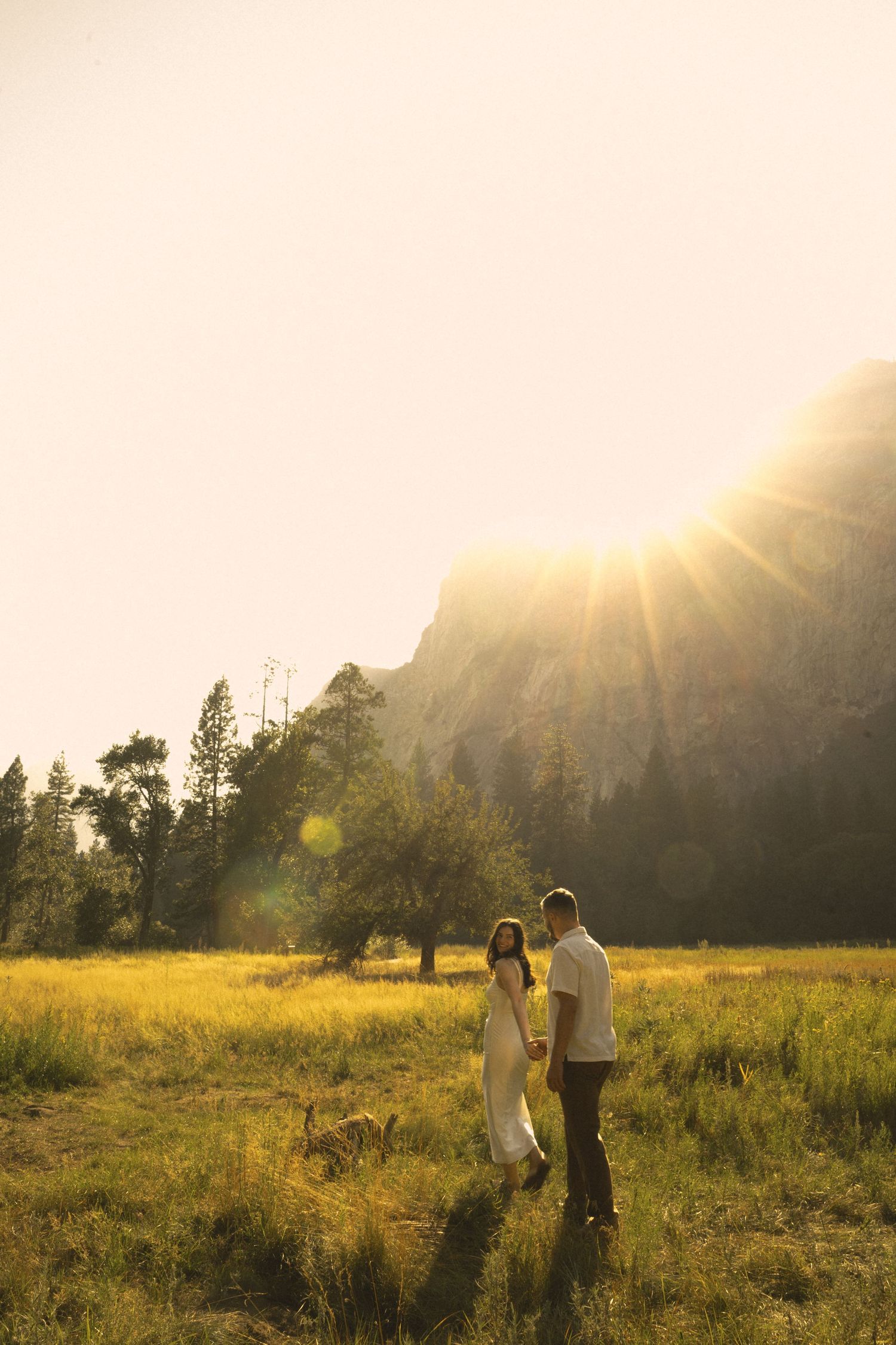 Couple holding hands in a sunlit meadow with golden lens flare and mountain backdrop at sunset.