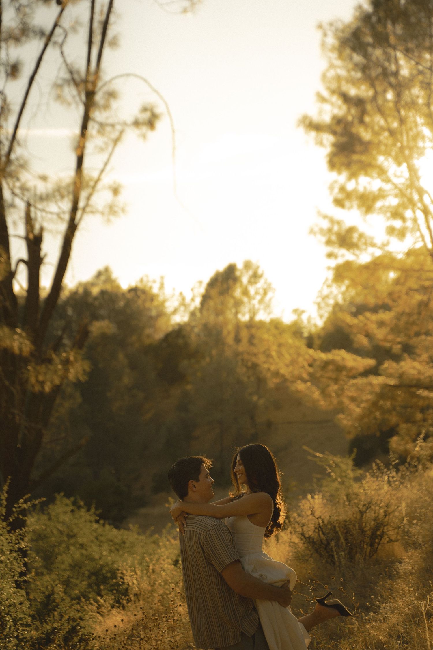 Couple embracing in golden sunlight surrounded by lush green trees during a romantic outdoor photoshoot.