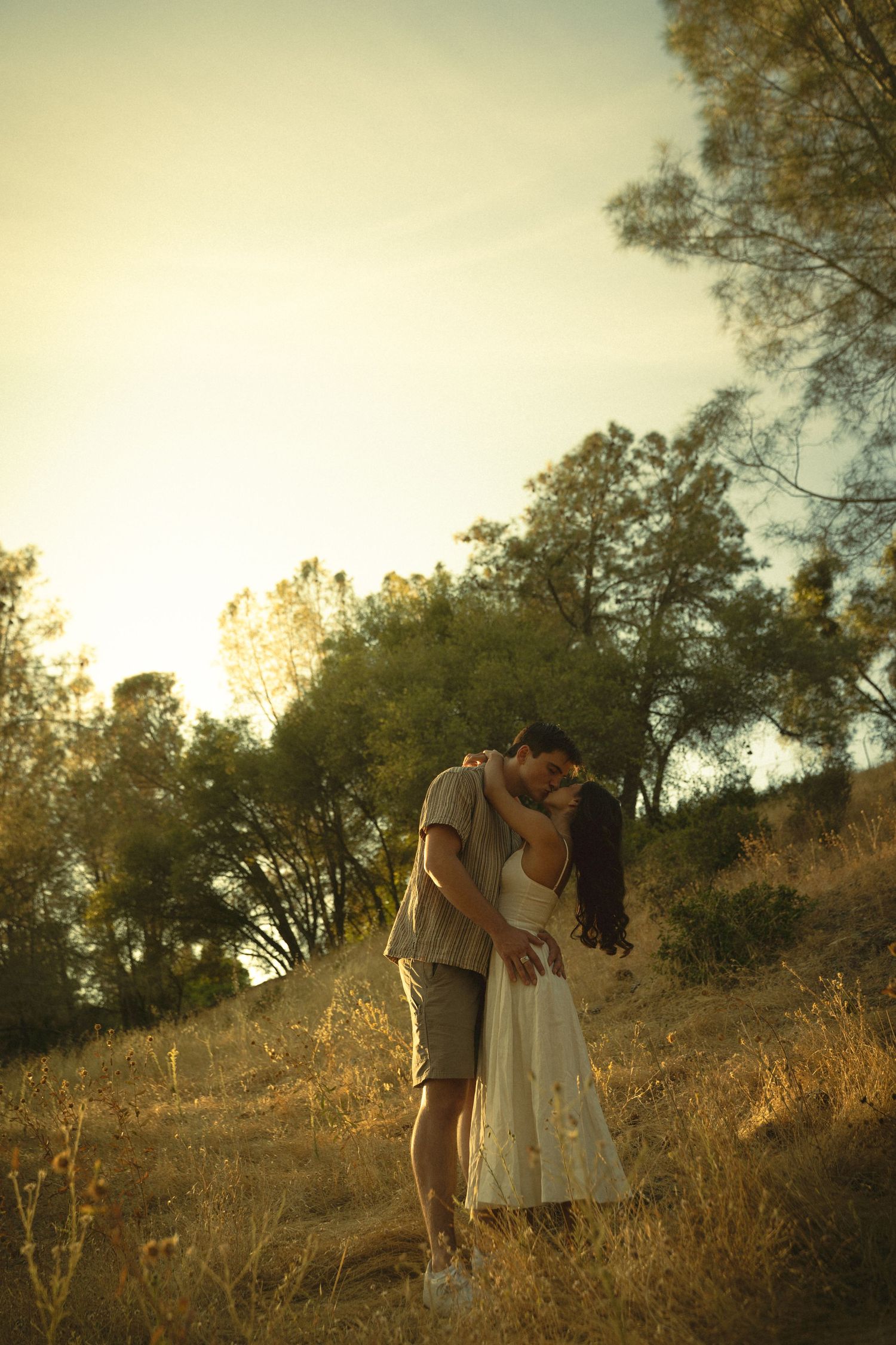 Couple sharing a tender kiss in a sunlit meadow with trees in the background during golden hour.
