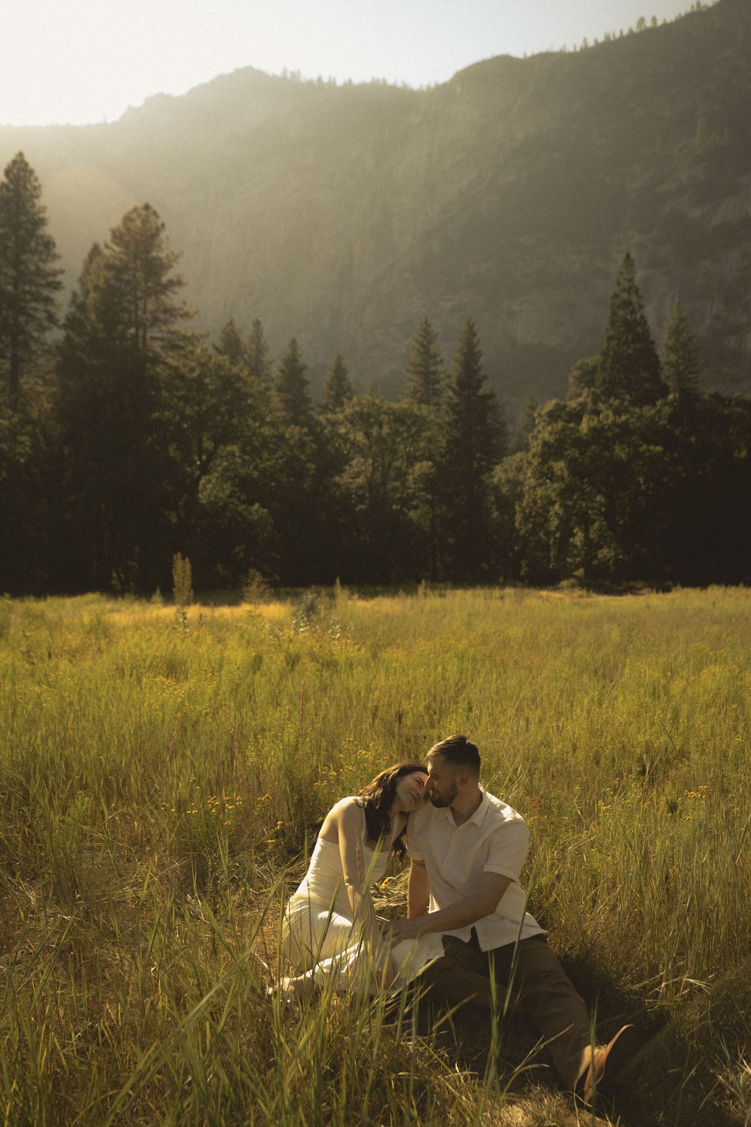 Couple sitting close together in a sunlit meadow with pine trees and mountains in the background.