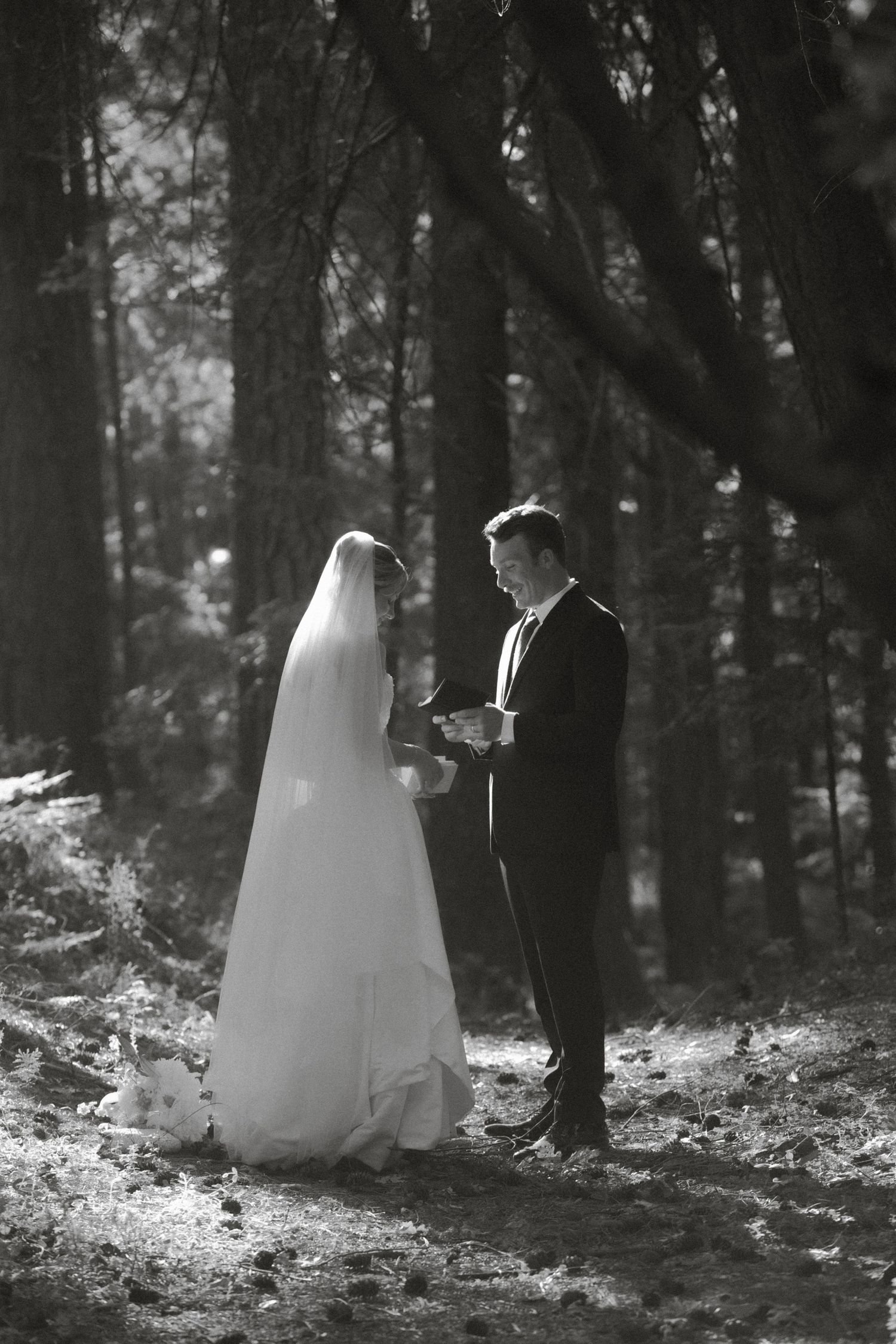 Black and white photo of a bride and groom exchanging vows in a sunlit forest setting.