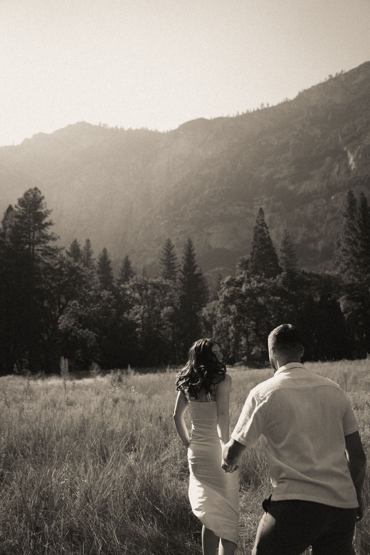 Black and white photo of a couple holding hands walking through a meadow toward misty mountains and pine trees.