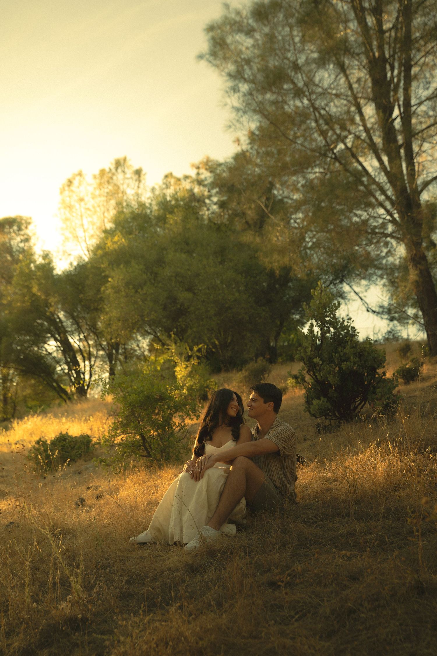 Couple sitting together on golden grass at sunset, surrounded by lush green trees in a romantic outdoor setting.