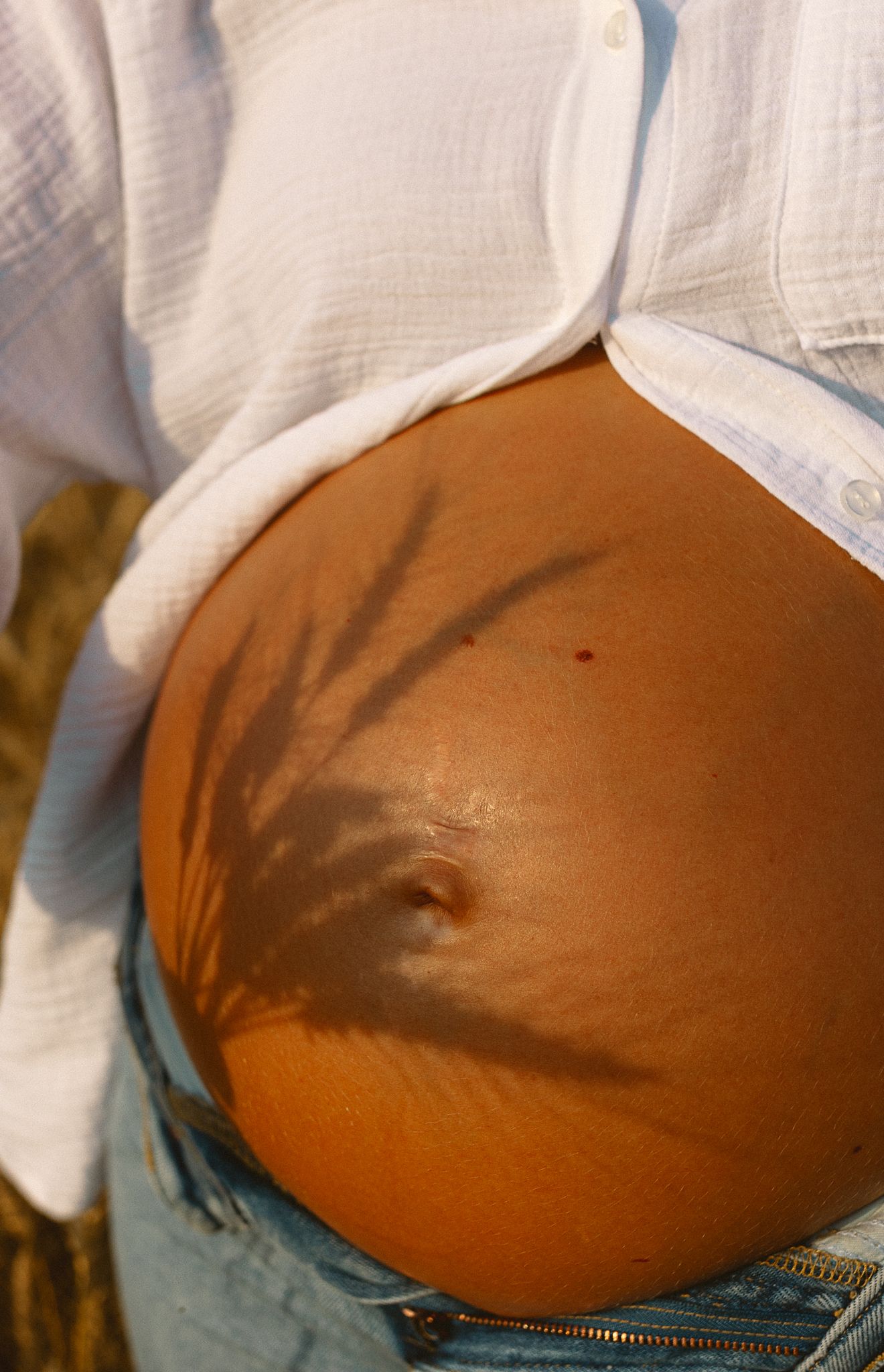 Close-up of pregnant belly with plant shadow cast across skin, white shirt open, wearing jeans.