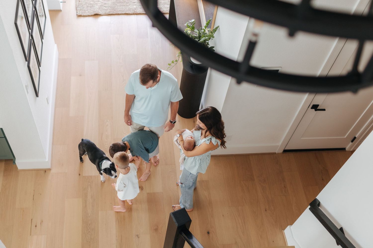 Aerial view of a young family with two children and a dog walking on hardwood floors in a modern home.