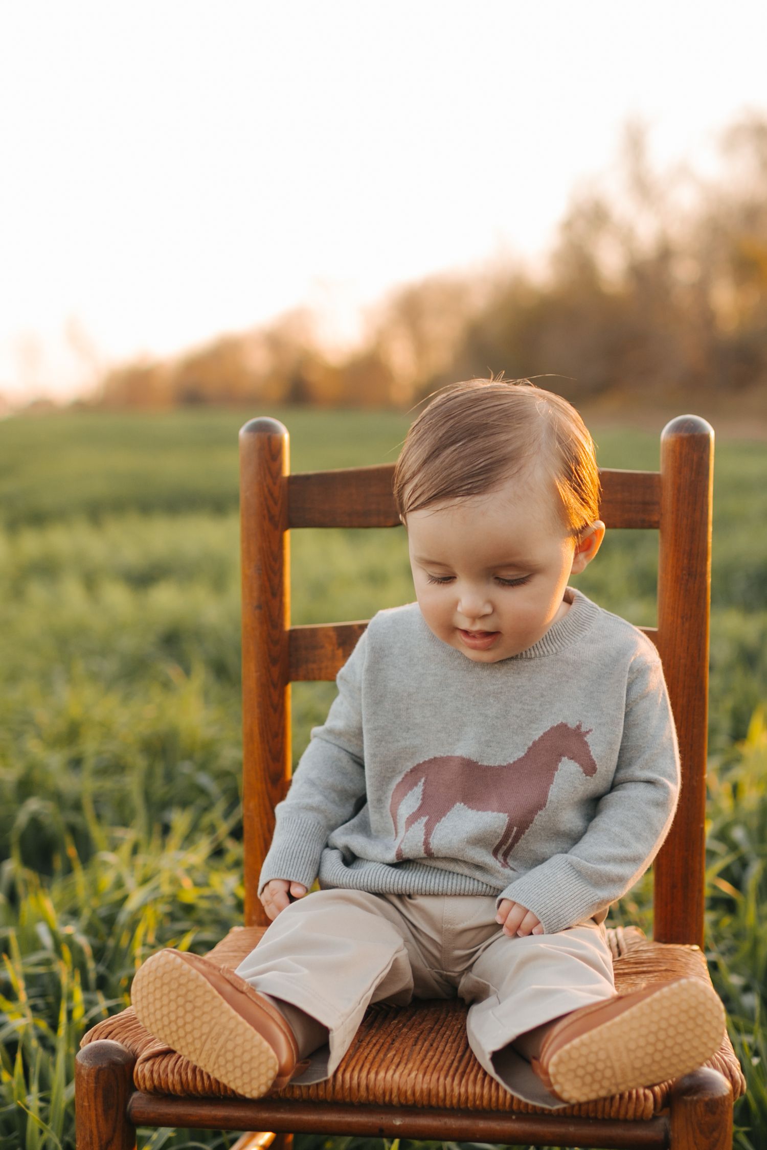 Adorable baby in horse-print sweatshirt sits on rustic wooden chair in sunlit green field.