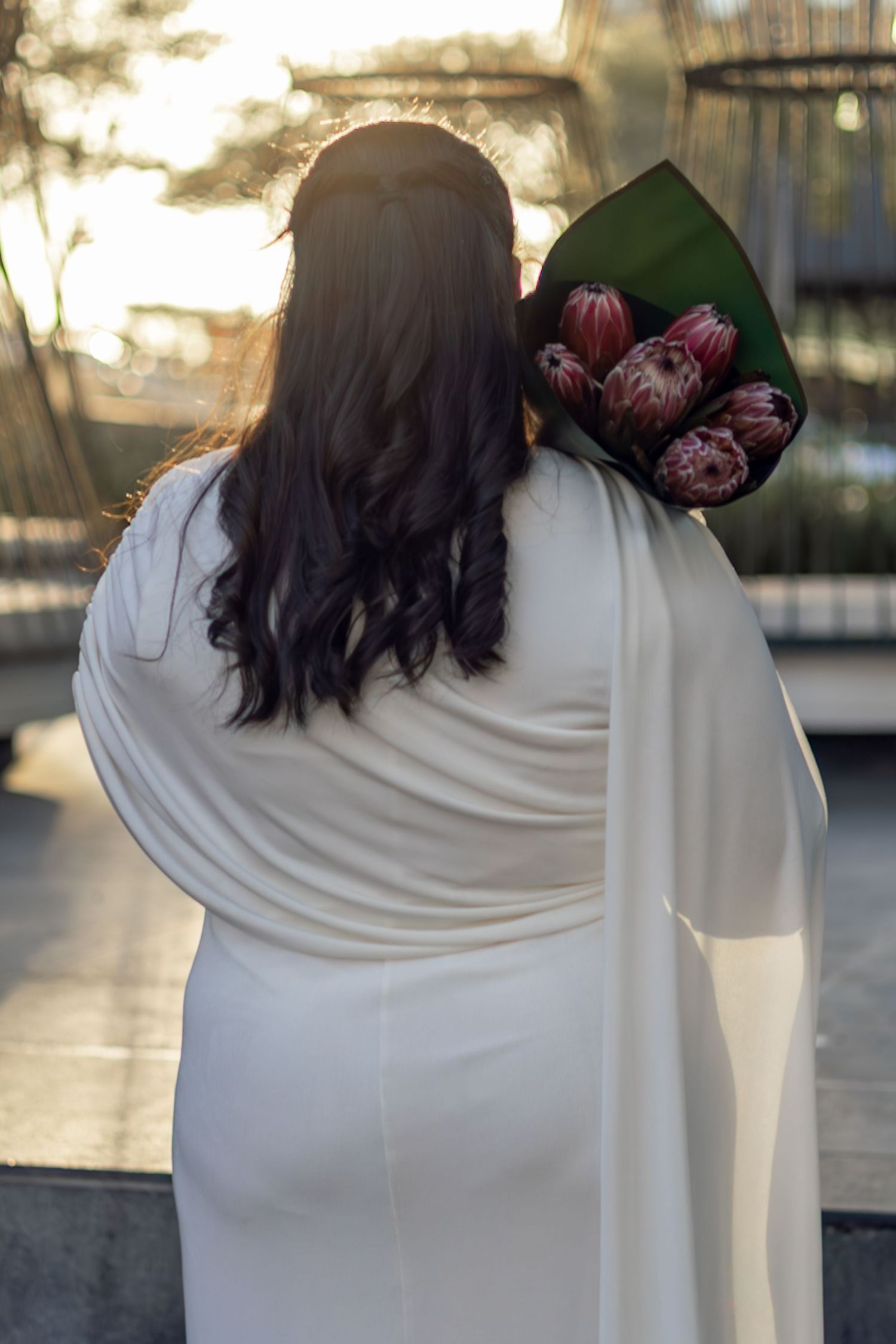 Bride in white gown holding red protea bouquet, back view with long dark hair, golden sunset light.