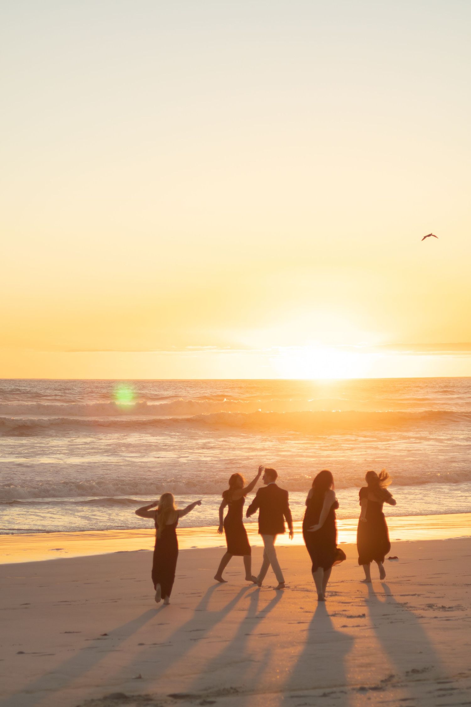 Group of five friends walking and dancing on a beach shore during a stunning golden sunset.