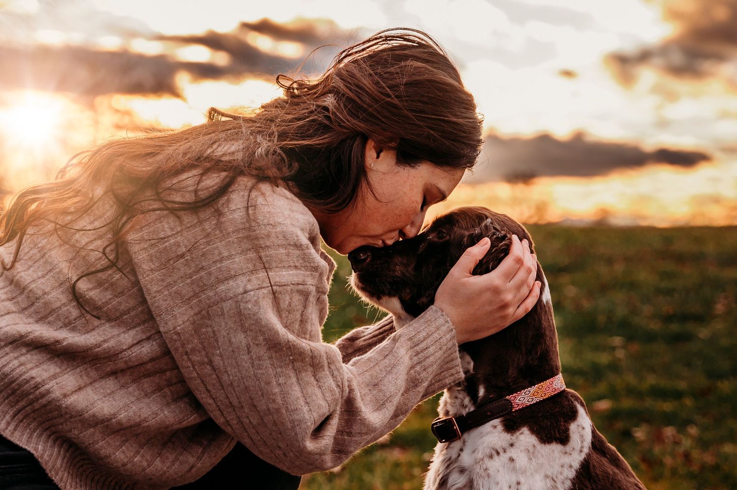 Dog end of life session in Berryville Virginia.  Woman is kissing her senior dog on the head in this end of life photo
