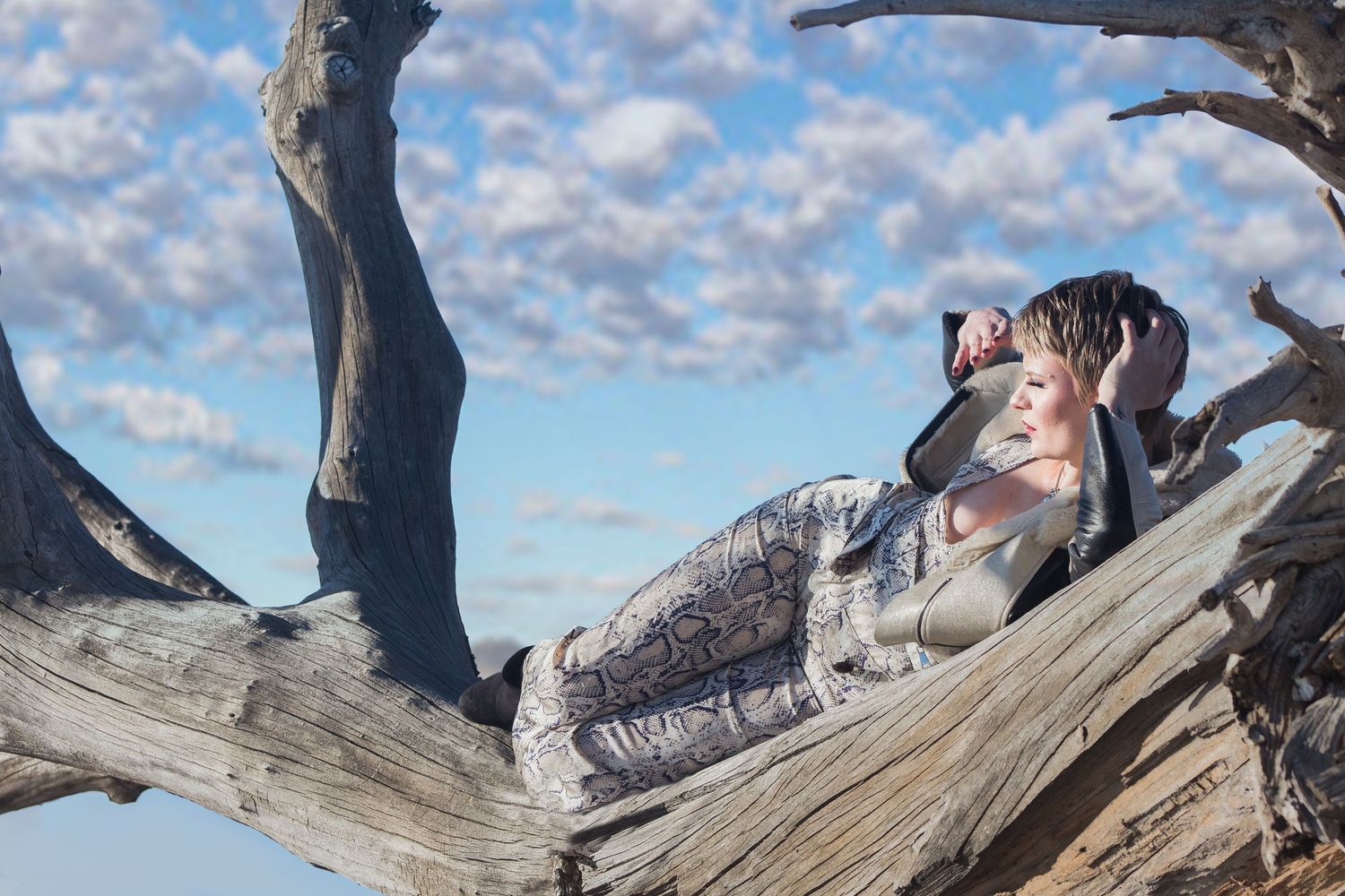 Model in snakeskin outfit reclining on weathered driftwood against dramatic cloudy blue sky.