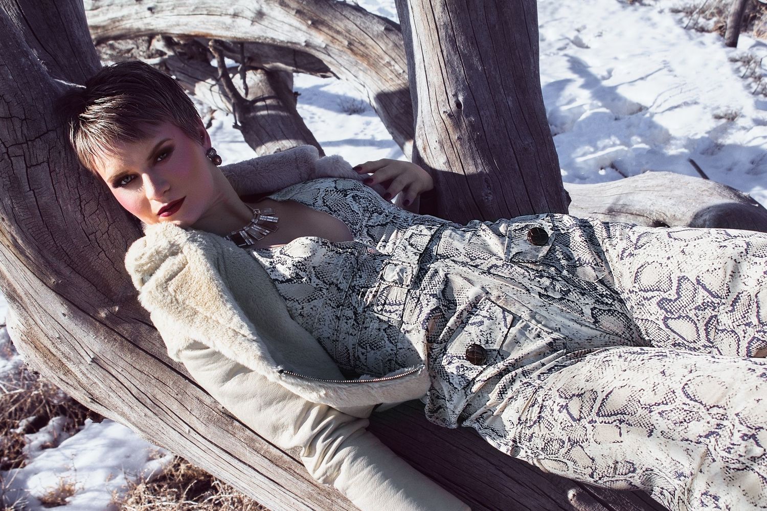 Model in snakeskin jumpsuit reclining on weathered driftwood in snowy winter landscape.