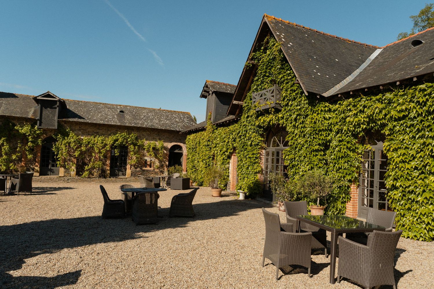 Cour extérieure de l’Orangerie des Briottières aux Hauts-d’Anjou – Façade couverte de lierre et mobilier de réception en plein air.