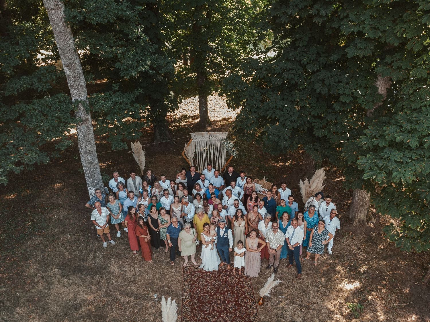 Photo de groupe de mariage sous les arbres – Vue drone capturant les mariés et leurs invités dans un cadre boisé avec arche décorée.