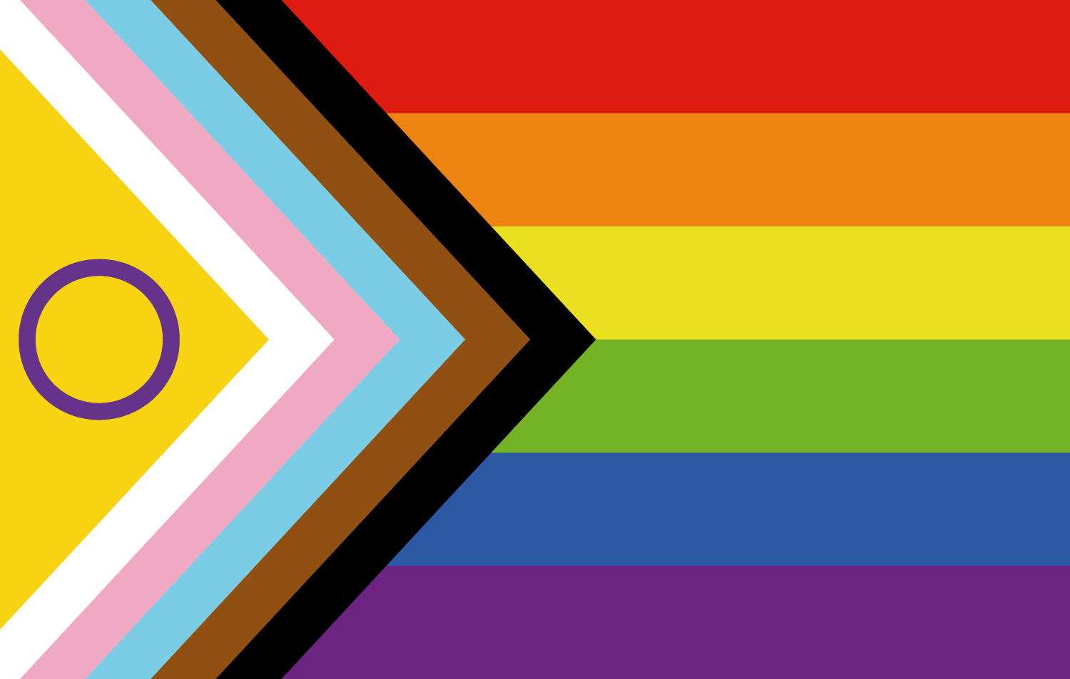 Progress Pride flag with rainbow stripes and a chevron of black, brown, light blue, pink and white, plus a purple circle on yellow.