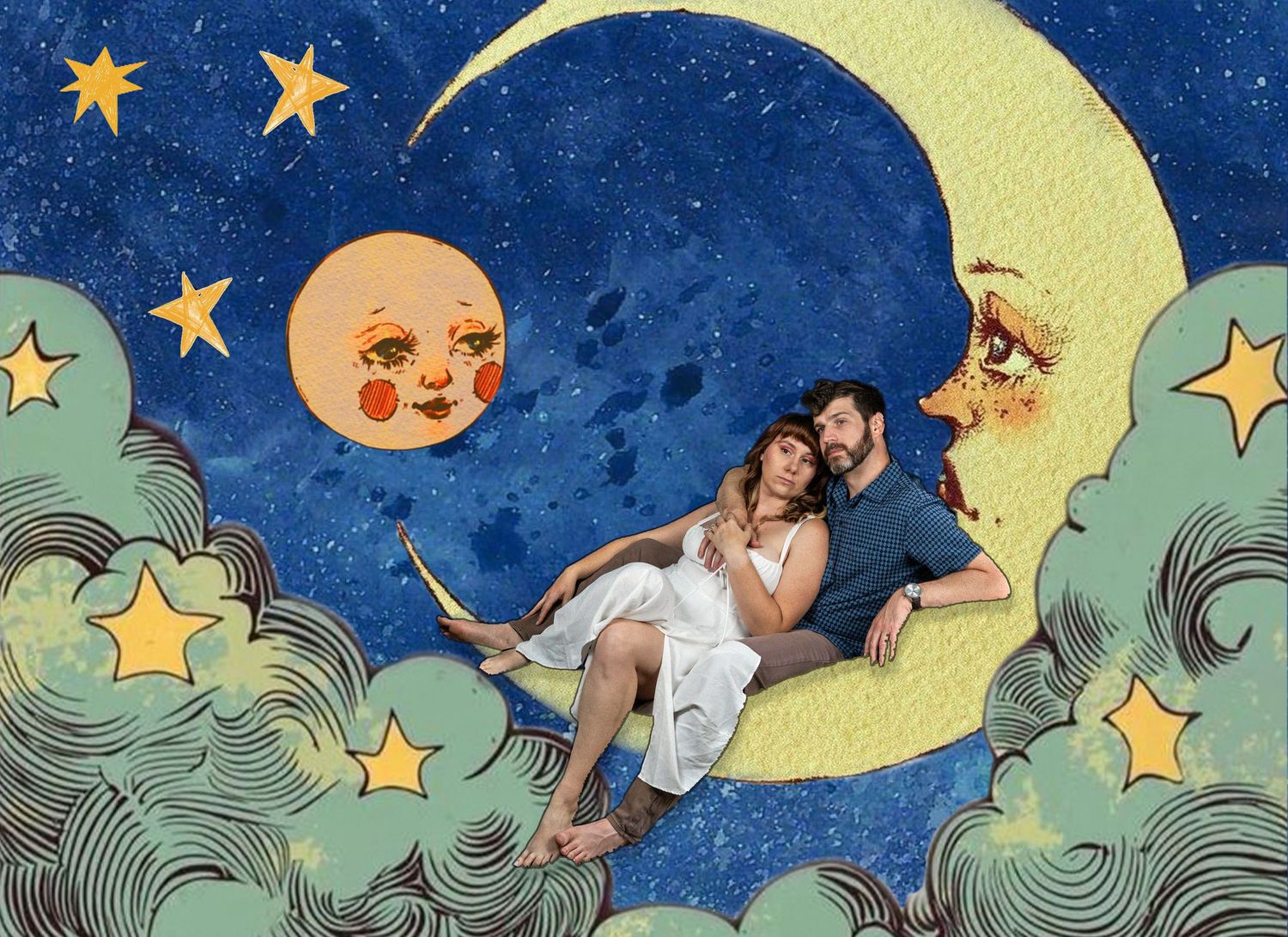 Couple sitting on crescent moon with illustrated celestial background featuring stars and clouds.