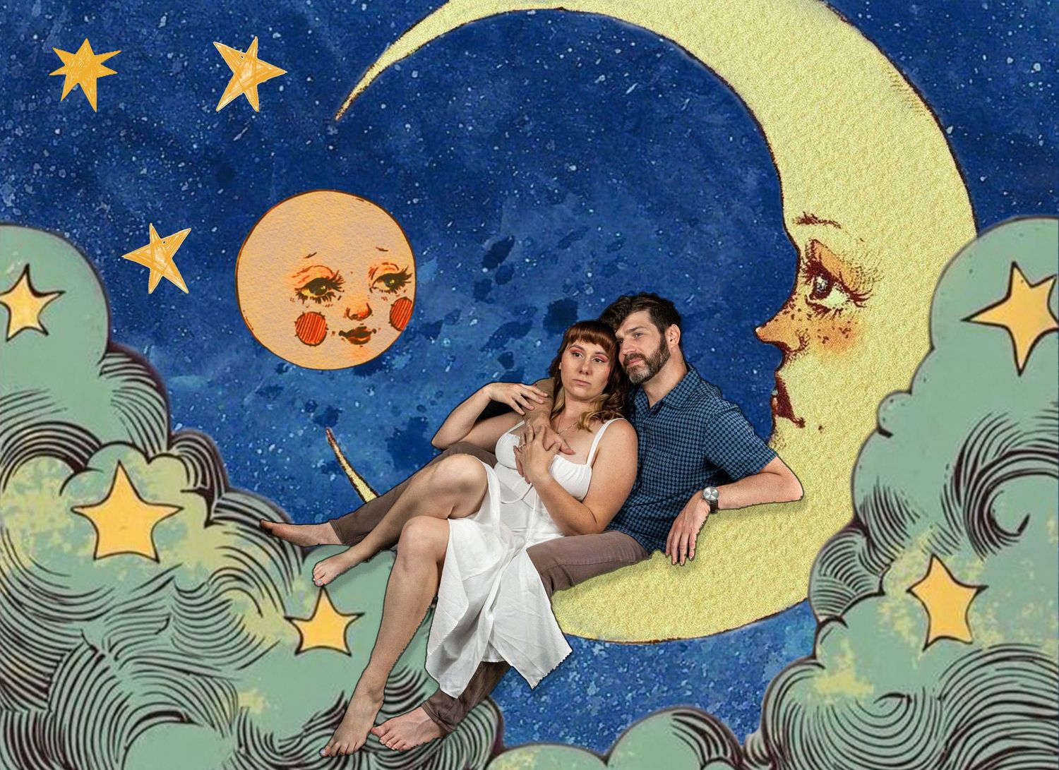Couple sitting on a crescent moon prop against a whimsical starry night backdrop with illustrated clouds and moon faces.