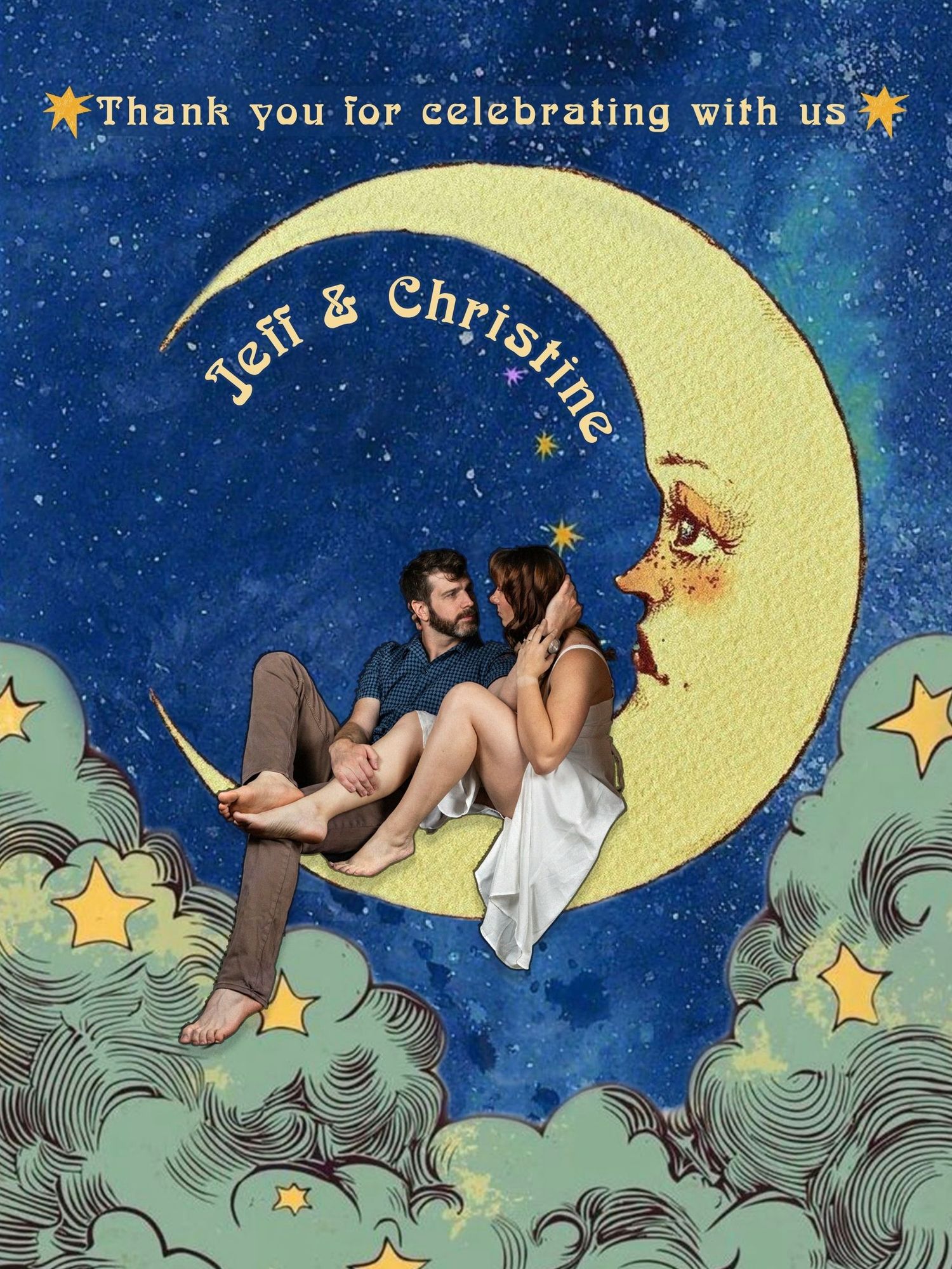 Romantic wedding thank you card featuring couple sitting on crescent moon with starry night sky for Jeff & Christine.