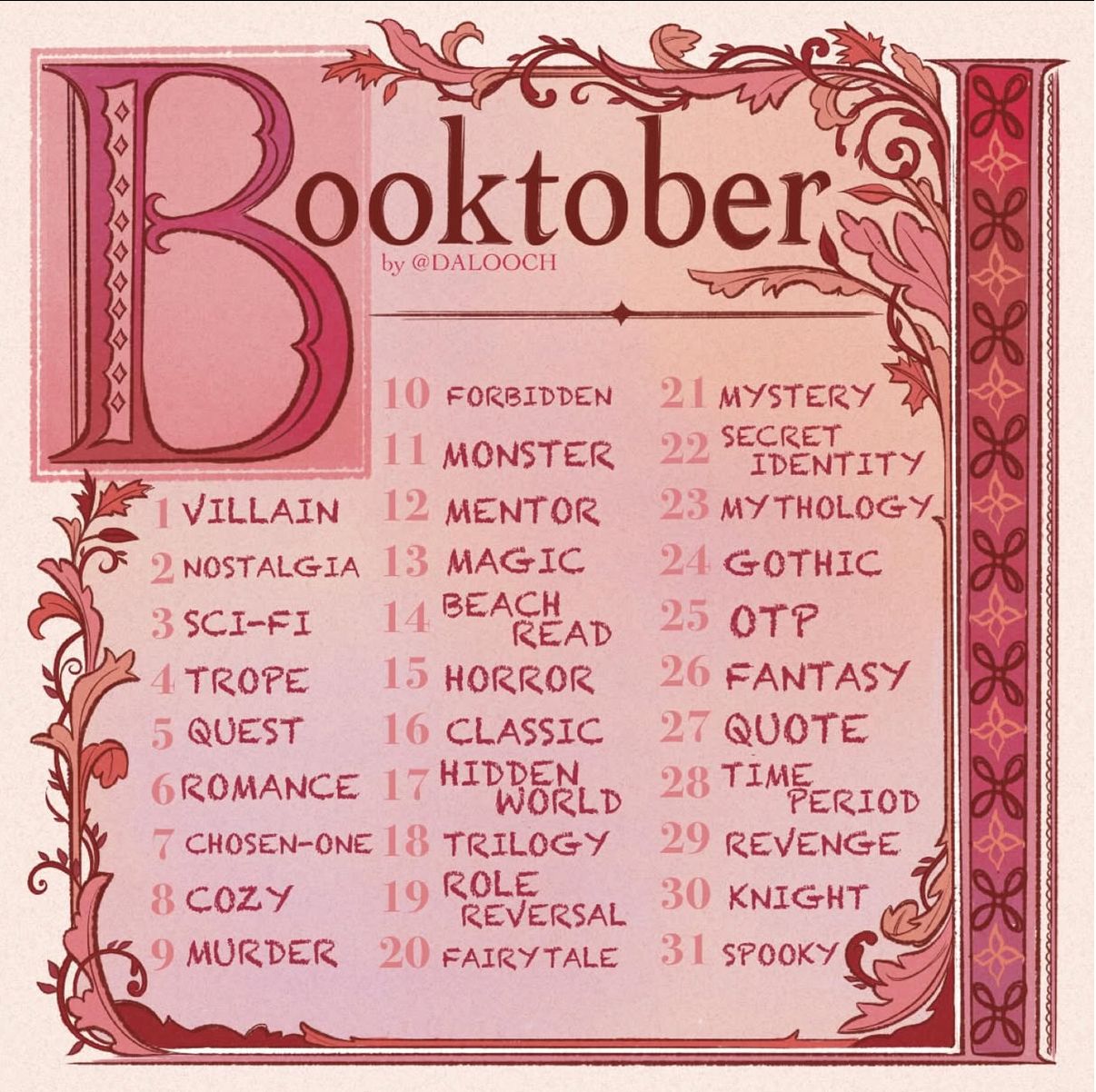 Booktober reading challenge list with 31 daily prompts including villain, nostalgia, mystery, and spooky on decorative pink background.