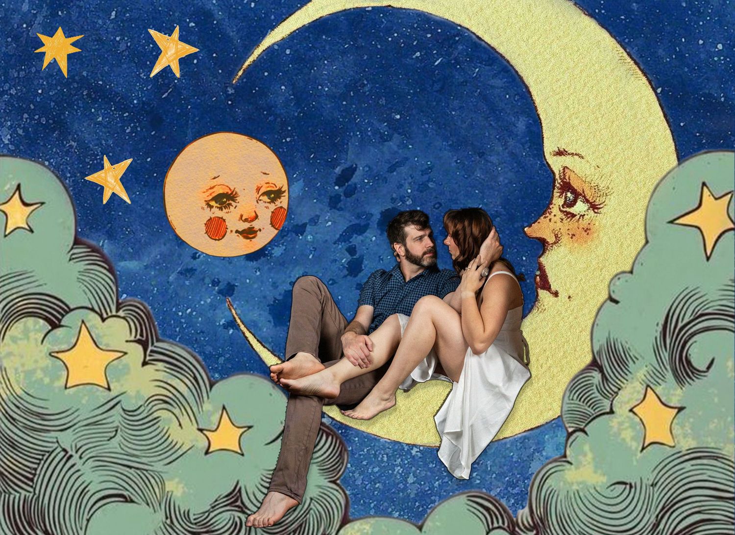 Romantic couple sitting on a crescent moon with illustrated stars and clouds in a dreamy night sky artwork.