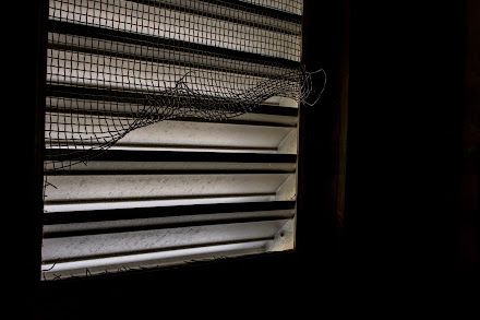 Dark window with slatted white louvers and a torn, curling wire mesh screen lit by soft light from outside.
