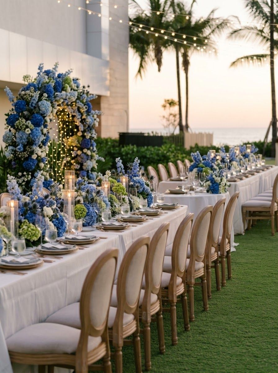 Elegant outdoor wedding reception with blue floral arrangements, candlelit at Sandpearl Resort in Clearwater Beach, captured by Grand Photo